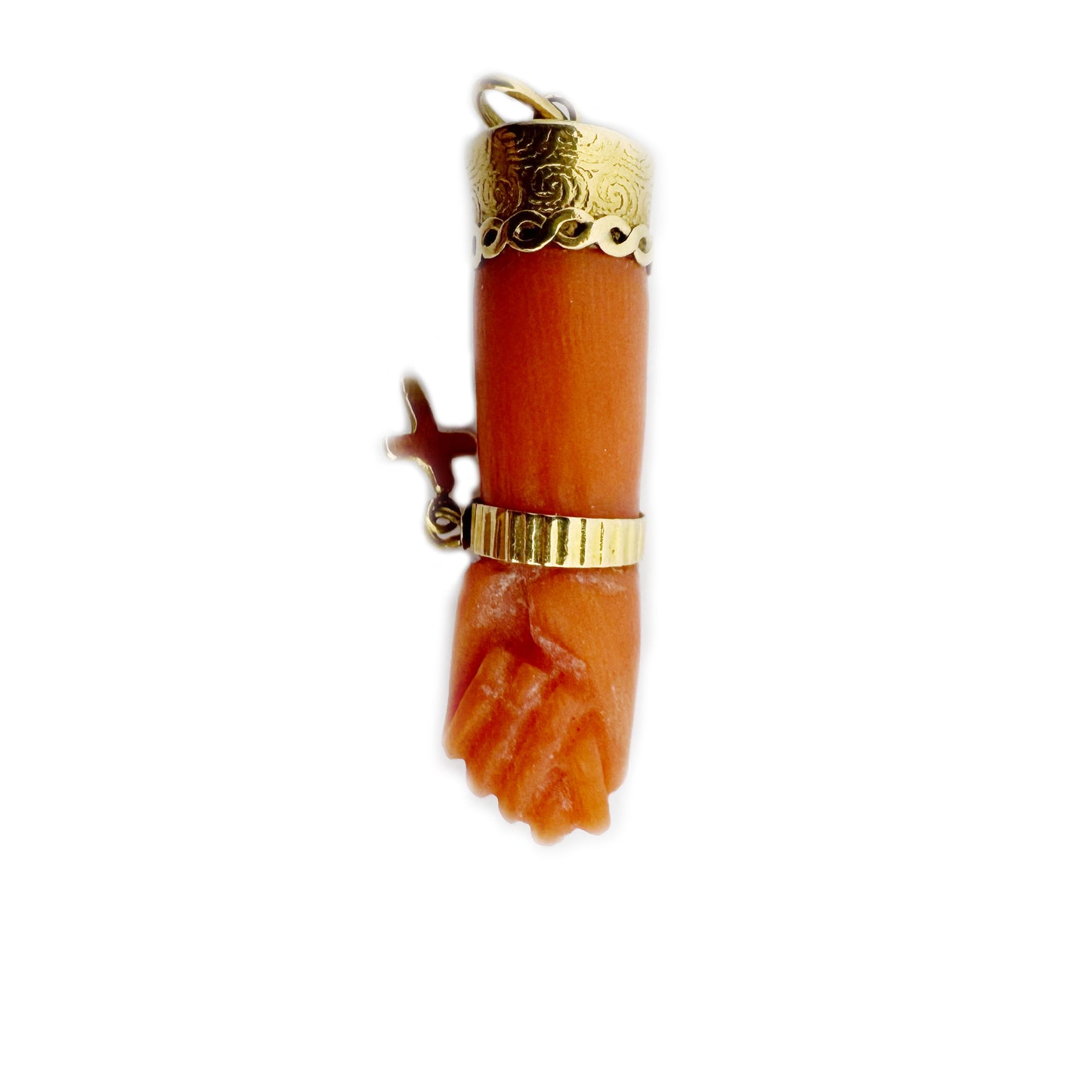 Antique 18k Gold Coral Figa Pendant, Victorian Mano Fico Charm, Mediterranean Amulet,  Lucky Hand