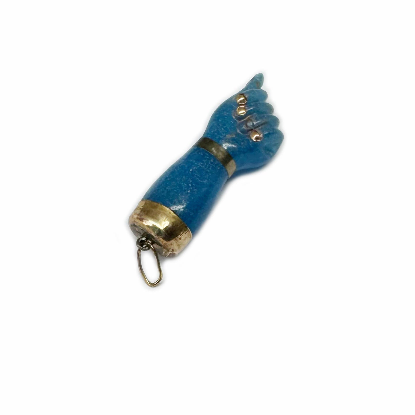 Vintage 1950s 9k Gold Blue Figa Charm, Carved Resine Hand Amulet, Vintage Mano Fico, Lucky Fist Pendant