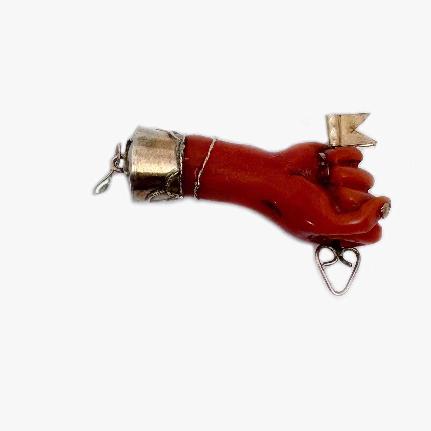 Antique Victorian Coral Figa Charm, 9k Gold Mano Fico Fist Pendant with Gold Key, Lucky Amulet