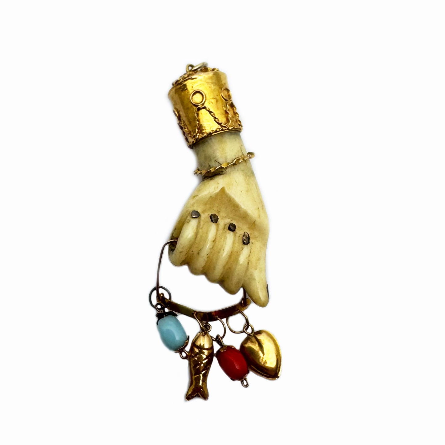 Antique 18k Gold Mano Figa Pendant: Victorian Bone Charm with Heart & Fish