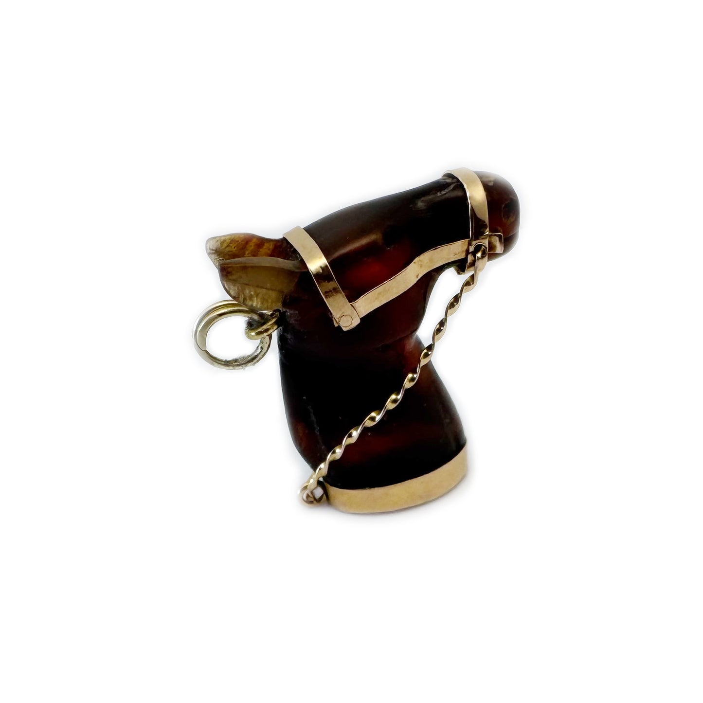 Vintage Horse Head Charm Pendant, Stained Horn & 14k Gold, Equestrian Jewellery, Mid Century Animal Talisman, Antique Style Gold Charm