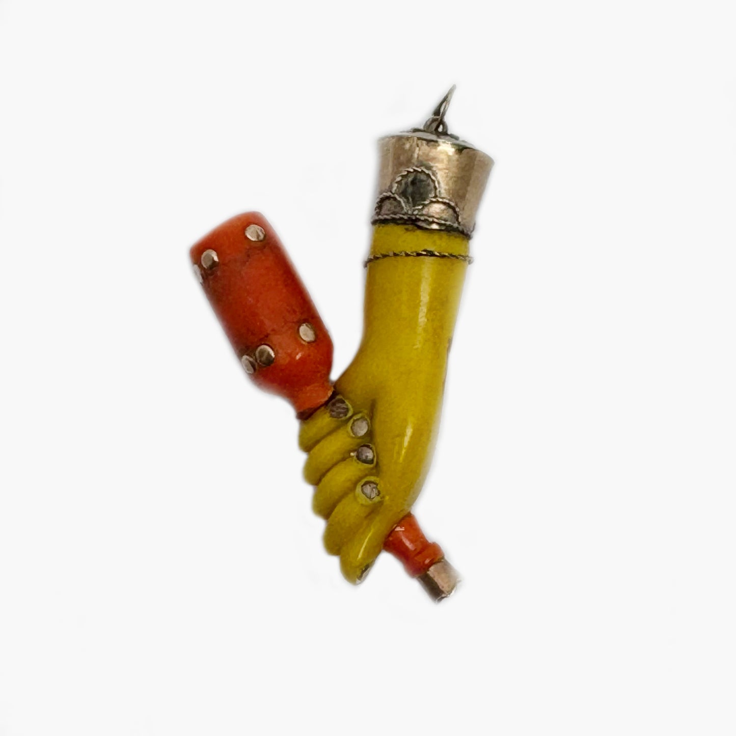 Vintage Mid-Century Resin Mano Fico Amulet with Bottle Charm, Rose-Gold Plated Setting, Folk Art Talisman, Curious Ex-Voto Style Pendant