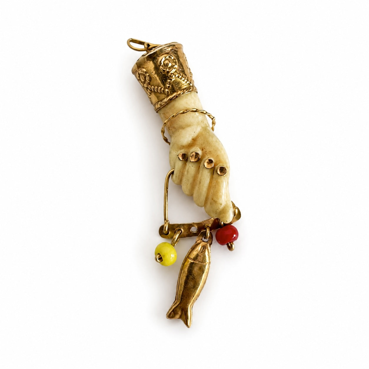 Antique 14k Gold Mano Figa Pendant: Victorian Bone Charm with Fish, Hand Pendant, Lucky Charm