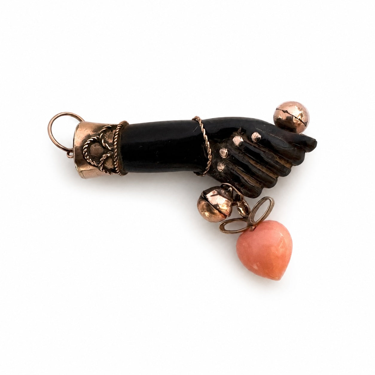 Antique 9k Gold Black Figa Pendant, Coral Heart Charm, Lucky Hand Amulet, Mano Fico, Italian Good Luck Talisman, 1920s Charm