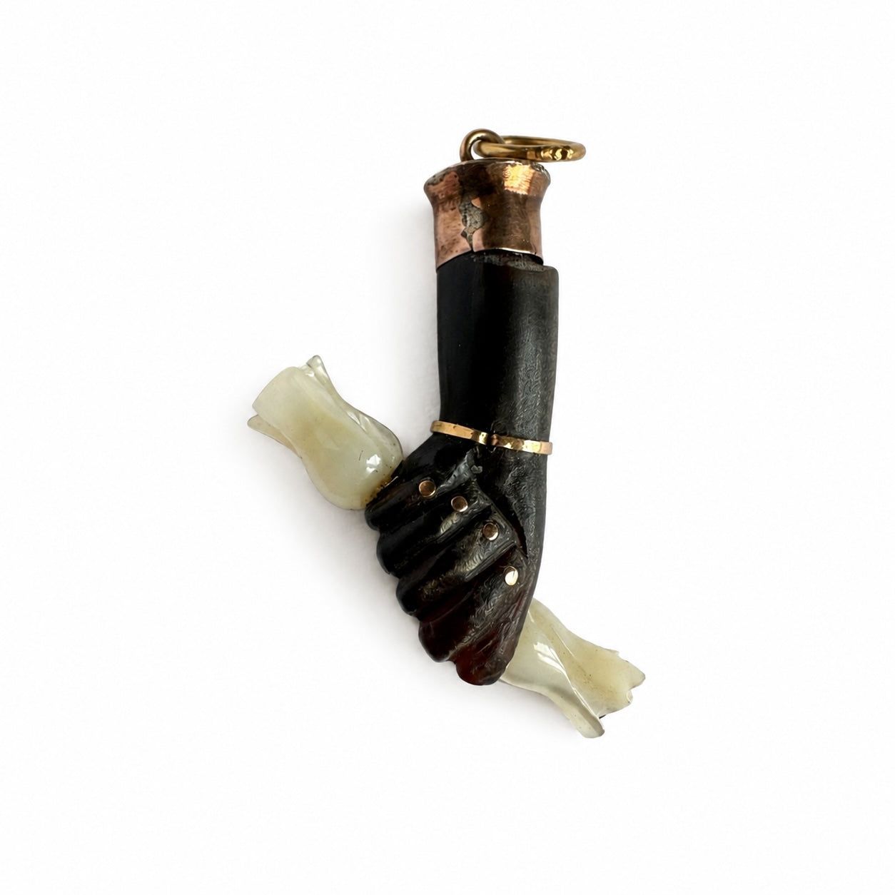 Antique Horn Figa Pendant, Victorian Mano Fico Charm, Mother of Pearl Rosebuds, Protective Amulet, Folk Talisman, Lucky Hand Charm