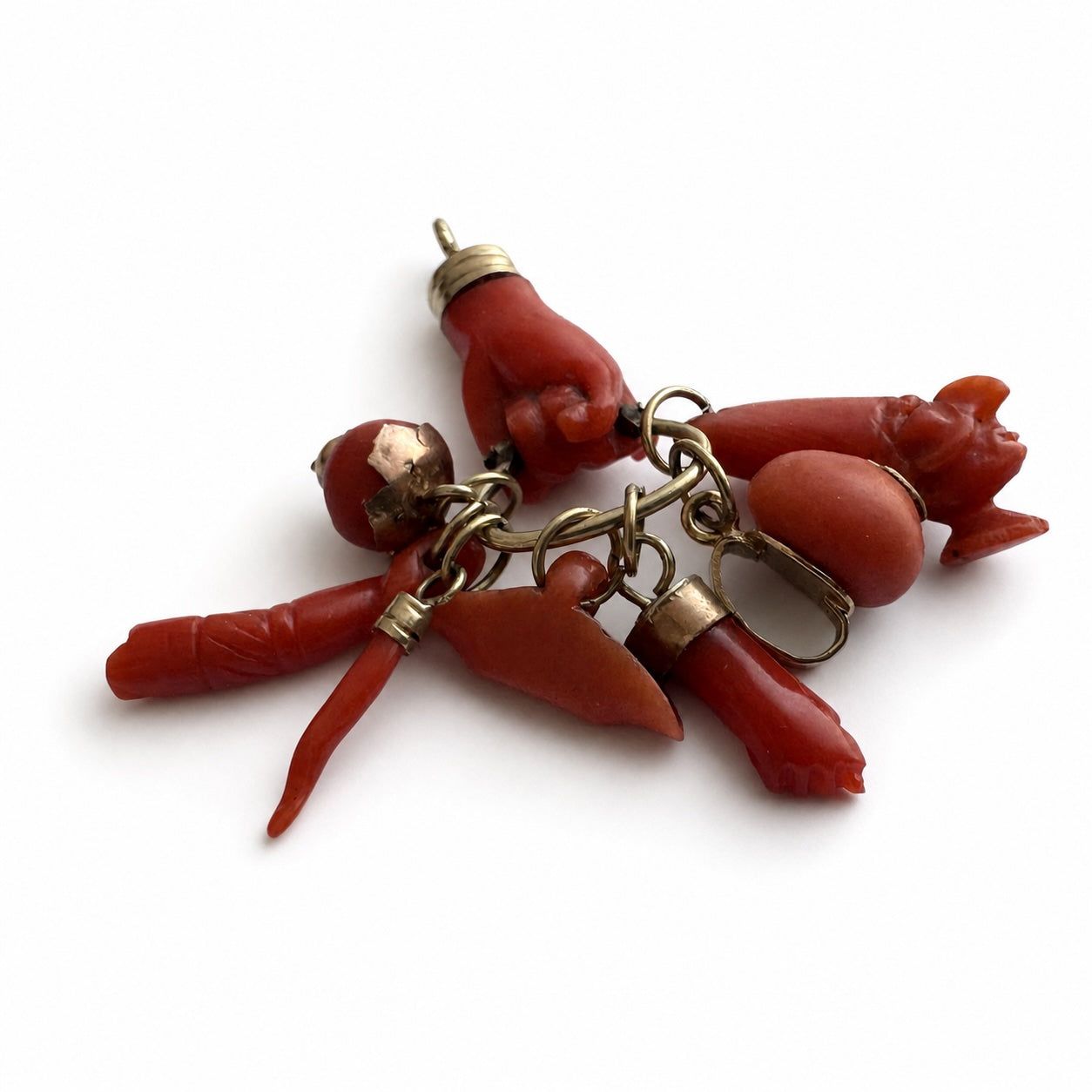 Antique Victorian Coral Figa Hand Pendant, 9K Gold Fist Lucky Charm, Talismans, Mediterranean Amulet