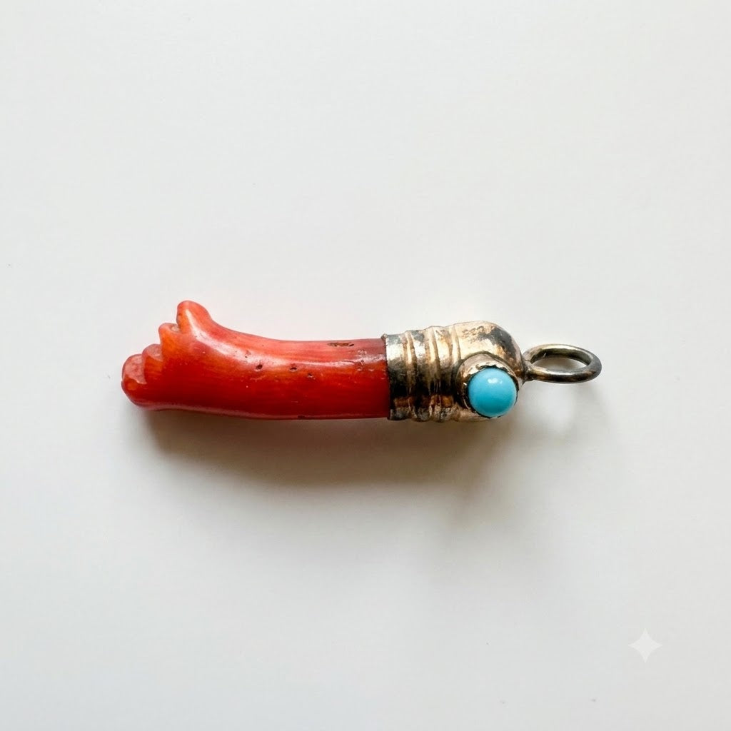 Antique Victorian Natural Coral Figa Pendant, Hand Carved Mano Fico, Gold Plated Hand Amulet, Lucky Talisman Charm, 19th Century Coral Hand
