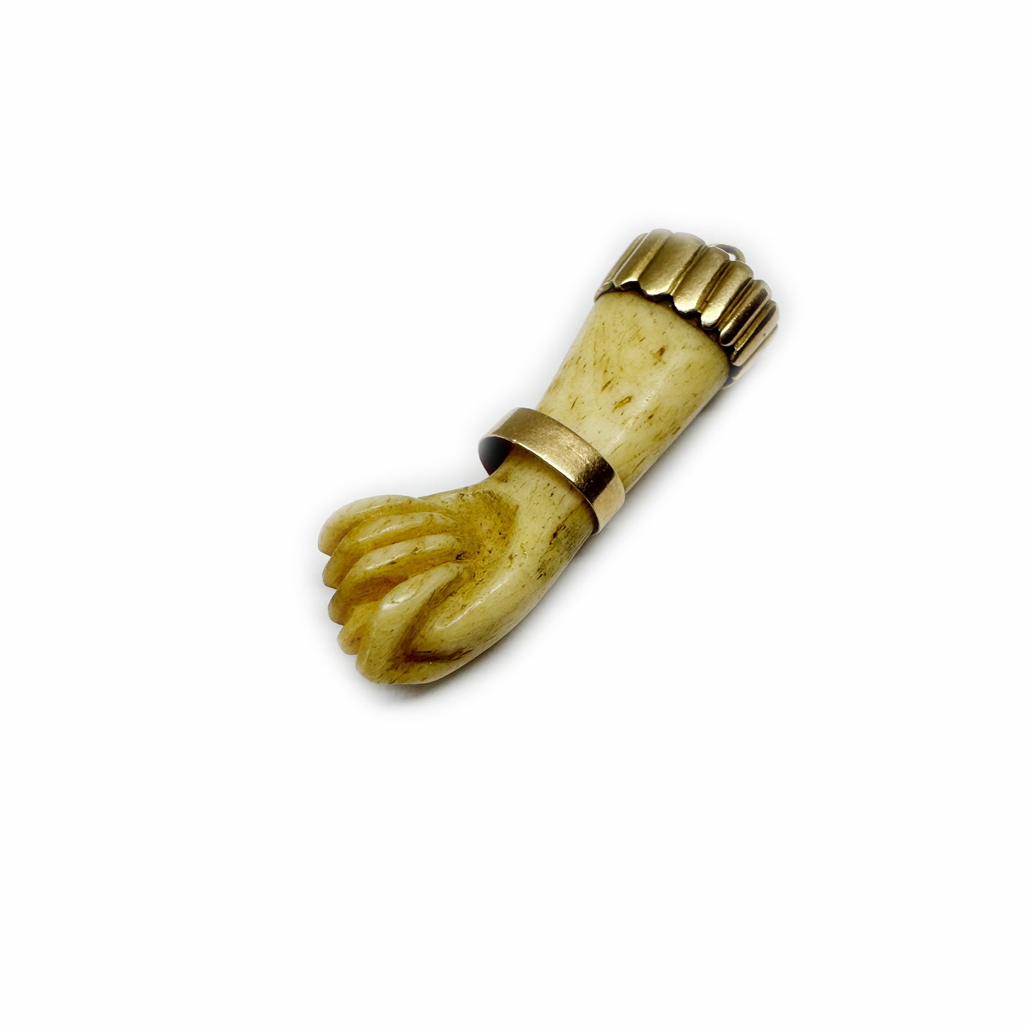 Antique Victorian 14K Gold Bone Figa Hand Charm, 19th Century Talisman Pendant, Amulet for Protection