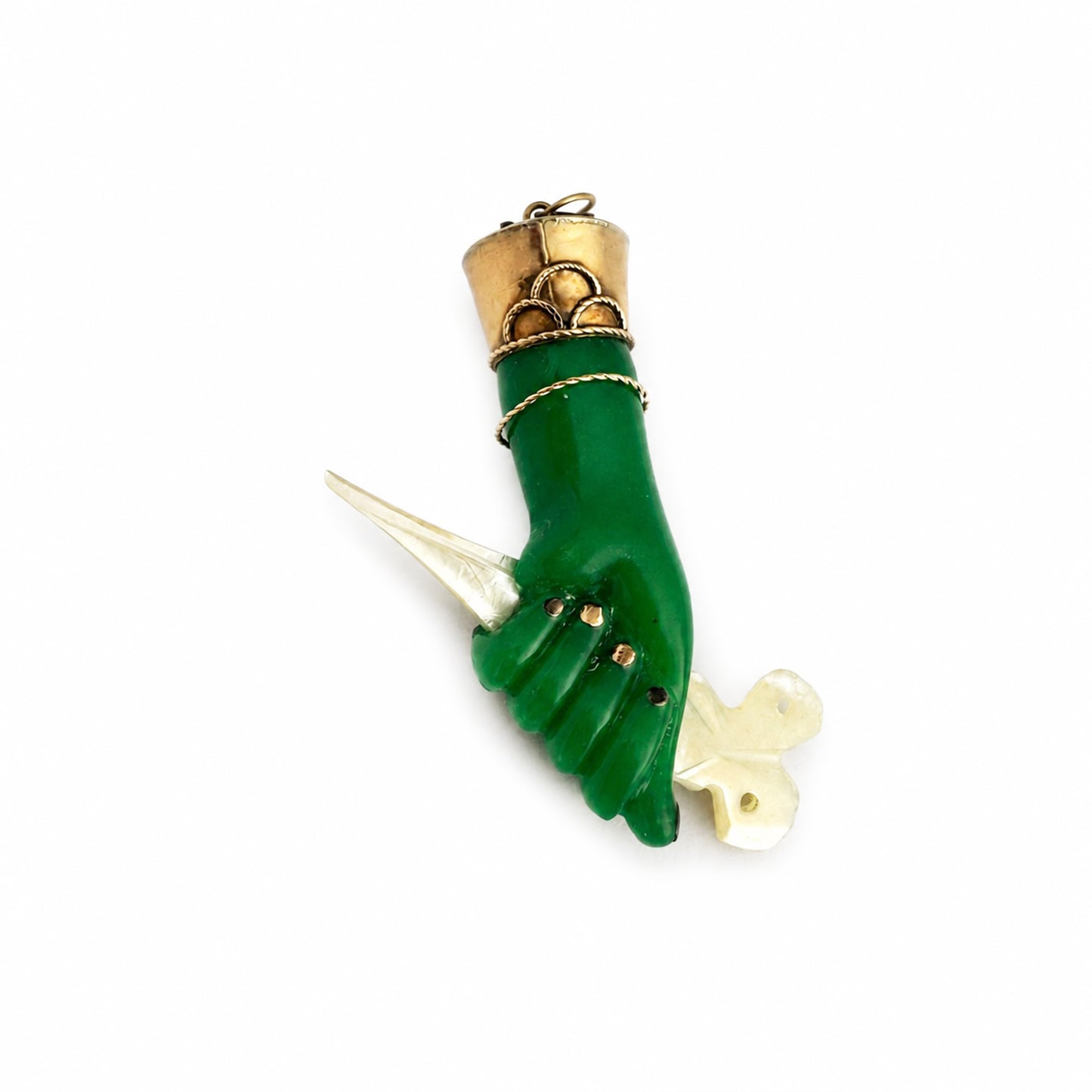 Vintage 14k Gold Green Figa Pendant, Mano Fico Lucky Charm, Mother of Pearl Scissors Charm, Protective Hand Amulet, 1950s Jewellery