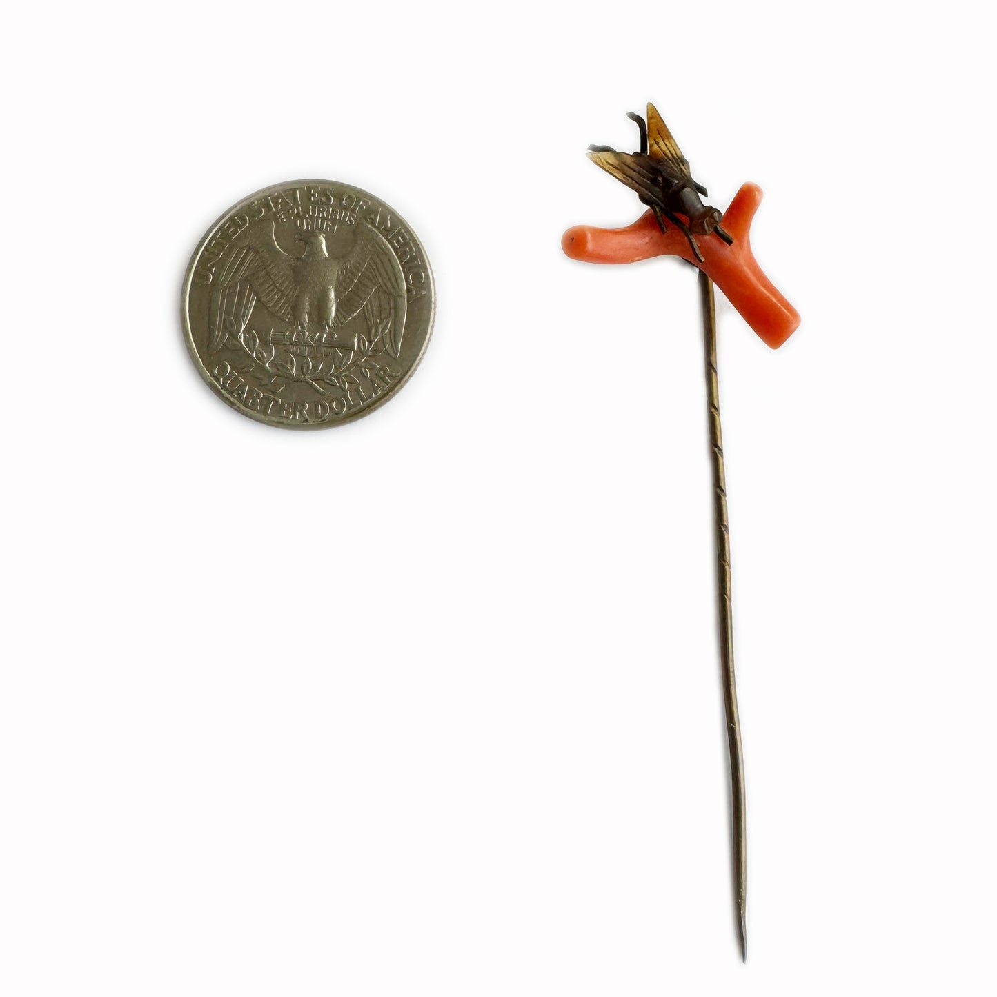 Antique Coral Pin, Victorian Coral Branch Stick Pin Brooch, Carved Horn Fly Insect Tie Pin, Novelty Treasure, Lucky Charm, Orange Coral