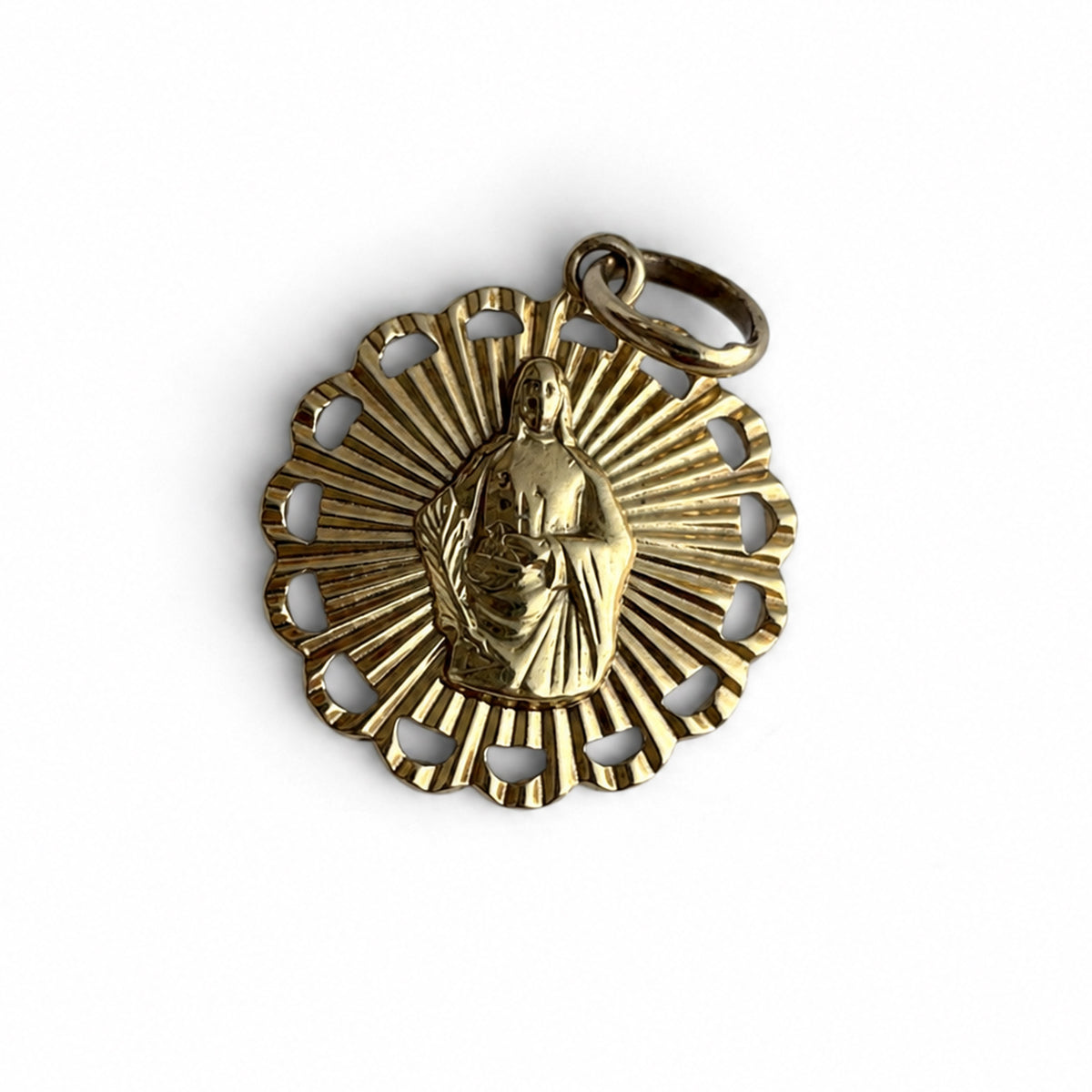 Antique 18k Gold Virgin Mary Medal, Immaculate Heart Catholic Pendant, 1920s Portuguese Religious Jewelry