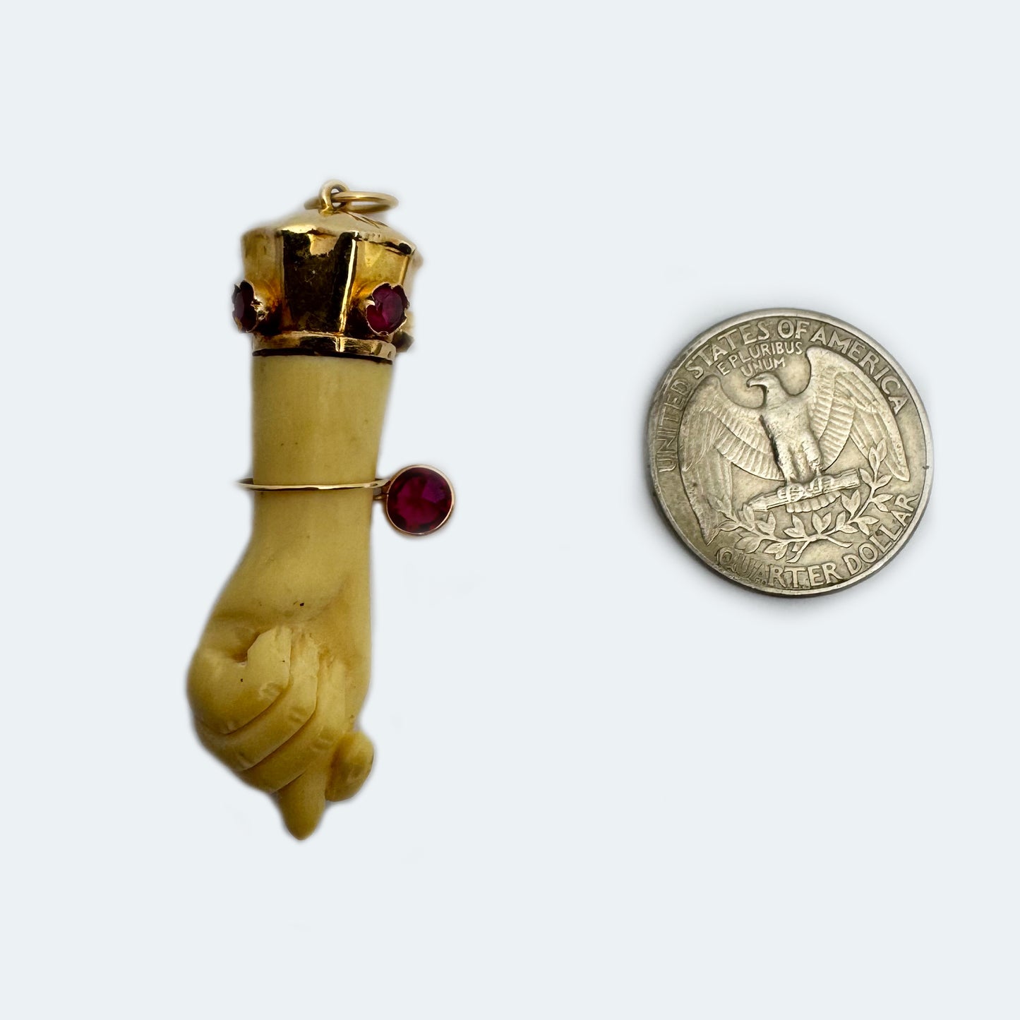 Vintage 18k Gold Figa Hand Pendant, Pink Stones, Large Protective Amulet, 1960s Good Luck Talisman