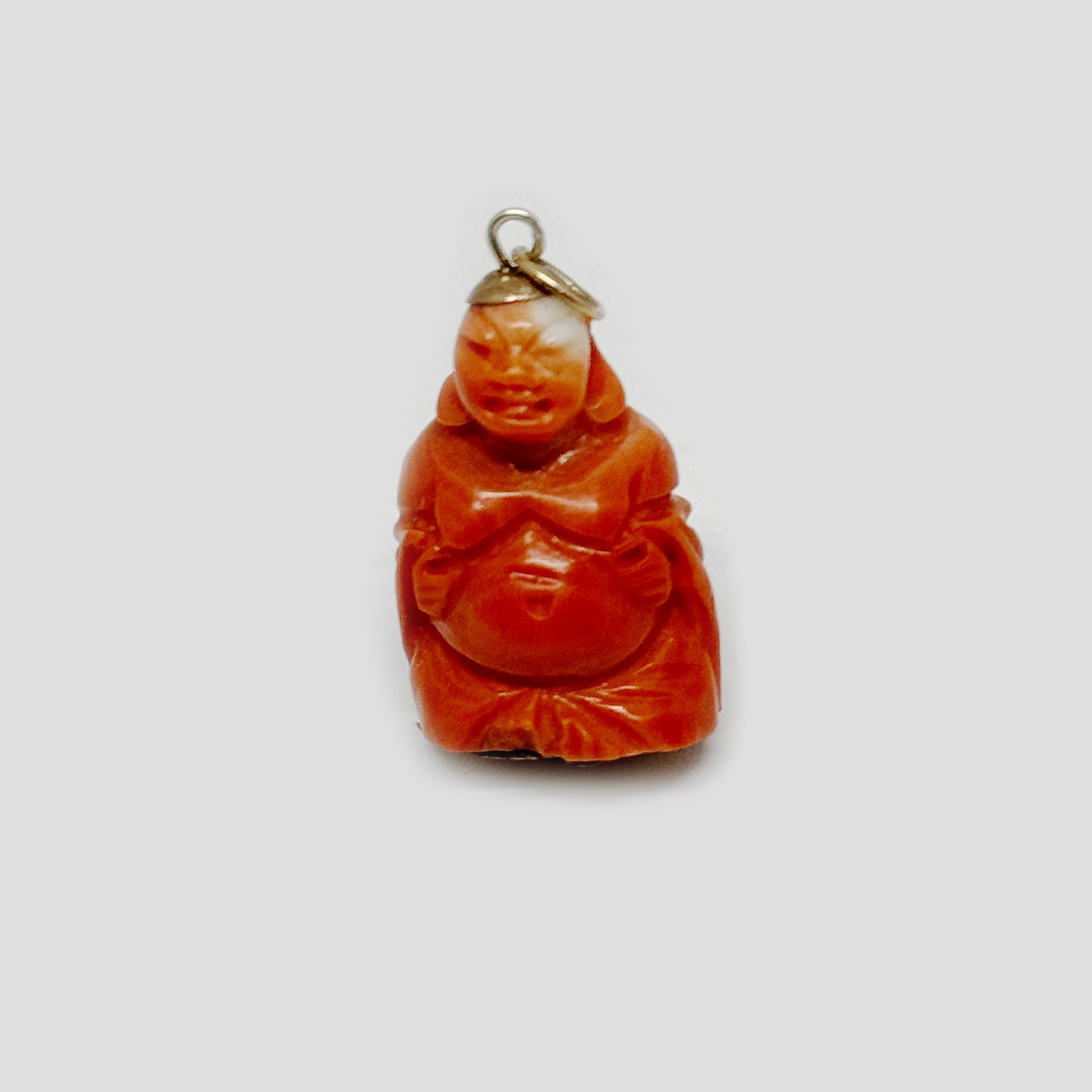 Vintage 9k Gold Coral Buddha, Carved Coral Buddha 1950s Charm, 9 ct Gold Hand Carved Salmon Coral Buddha Pendant, Midcentury Coral Charm