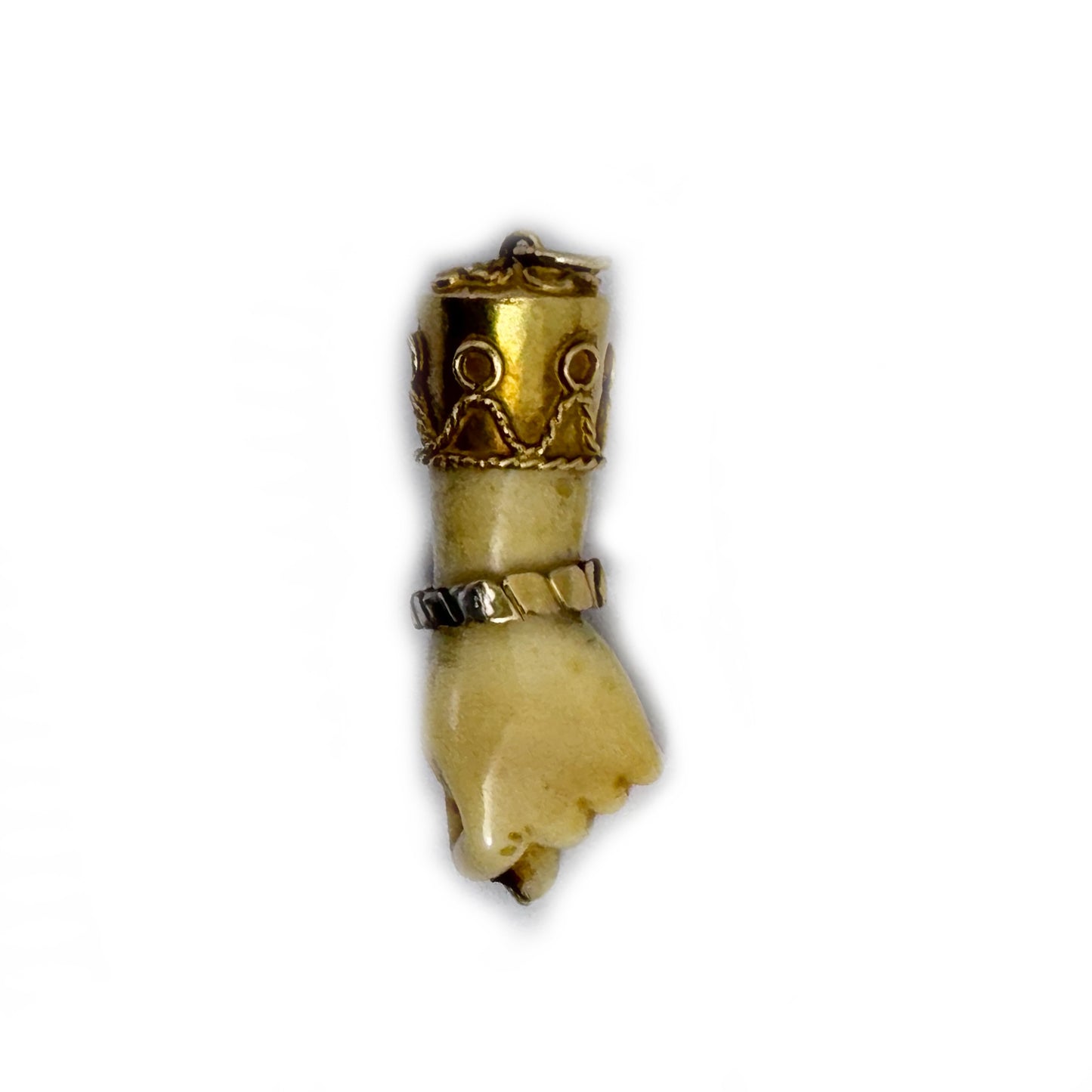 Antique Victorian Bone Figa Mano Fico Pendant, 18k Gold Mounted Hand Amulet, c.1800s Lucky Charm