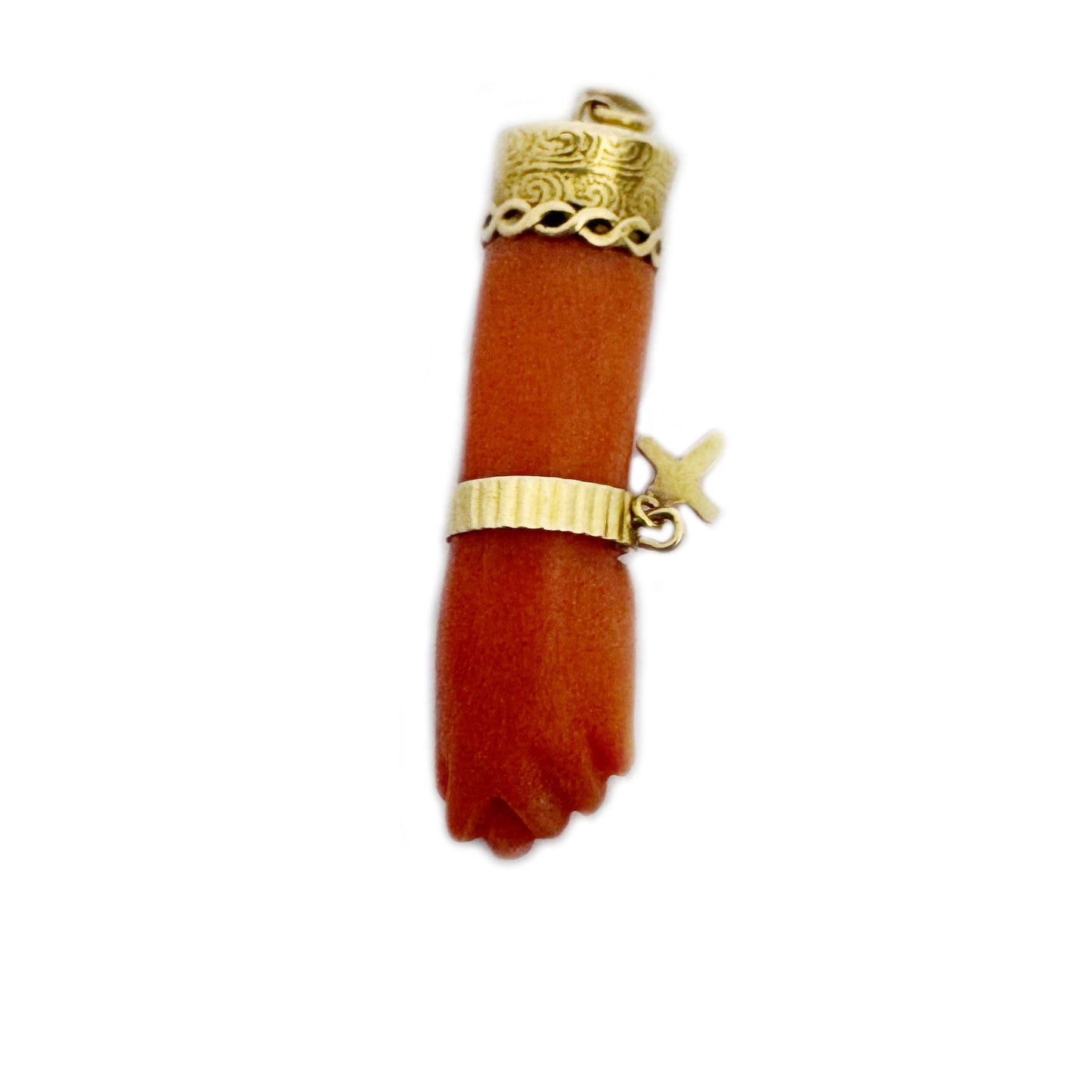 Antique 18k Gold Coral Figa Pendant, Victorian Mano Fico Charm, Mediterranean Amulet,  Lucky Hand