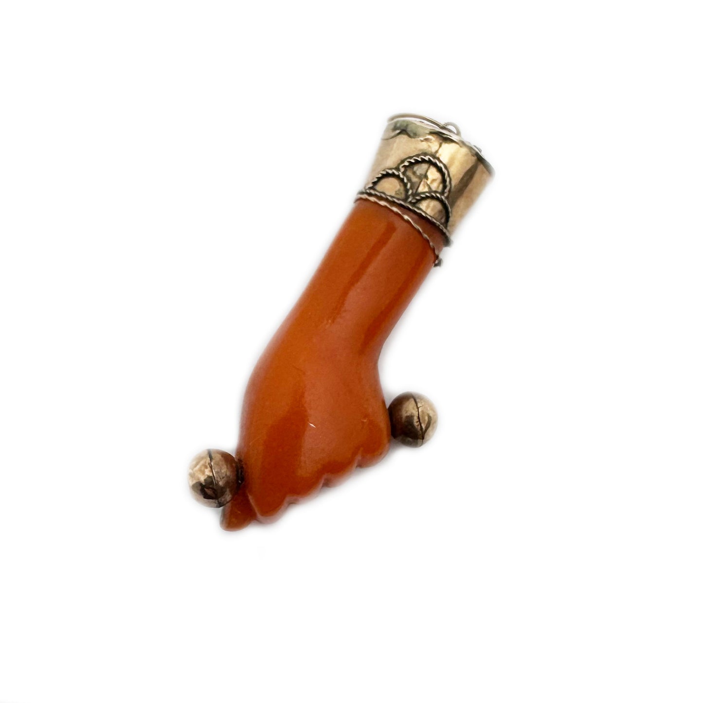 Antique 9k Rose Gold Galalith Figa Pendant, 9 ct Gold Orange Good Luck Charm, Mano Fico