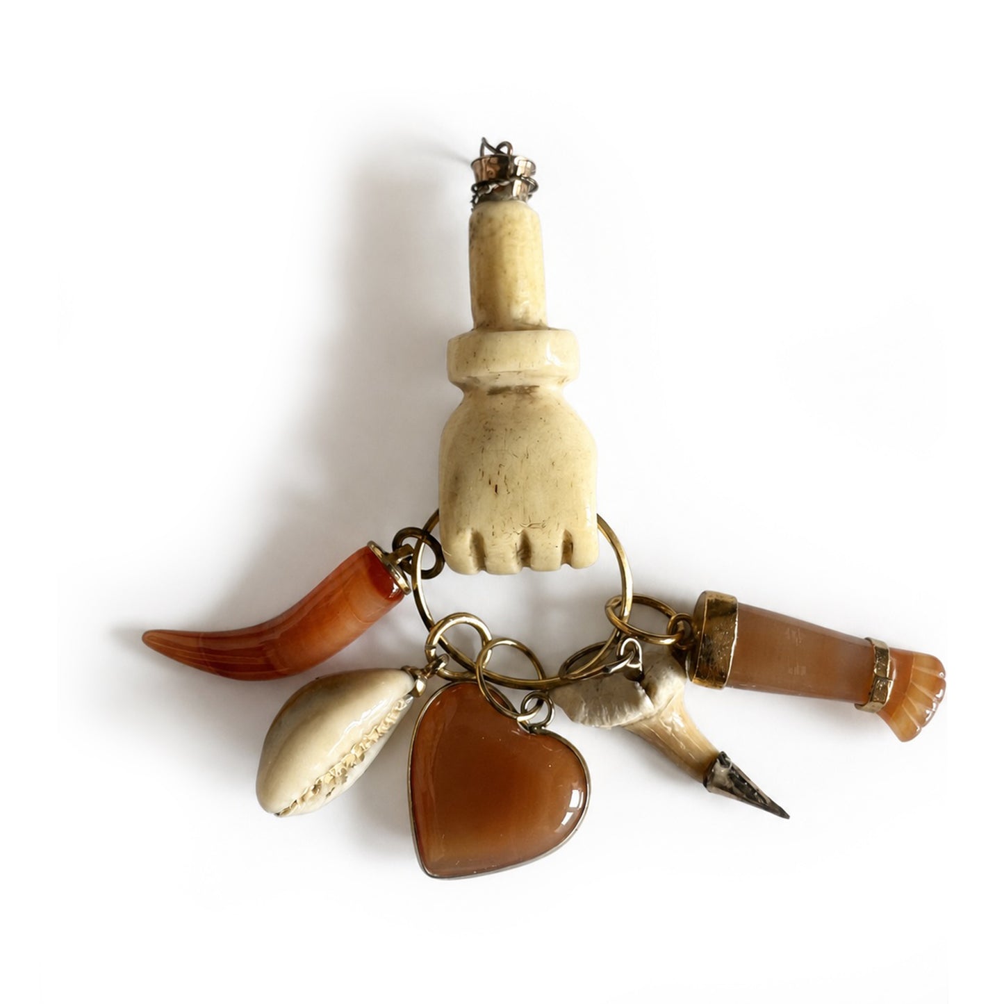 Vintage Bone Figa Talisman Pendant, Carnelian, Agate Pendant, Fist, Figa Charm, Cowrie Shel, Mano Fico, Amulet