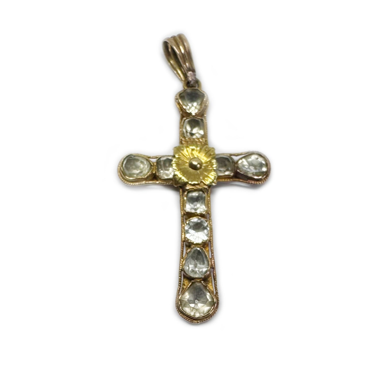 Antique 14k Gold Chrysoberyl Cross, 1700s Portuguese Crucifix Pendant, Georgian Jewellery, Baroque, Colonial Jewelry 18th Century Chrysolite