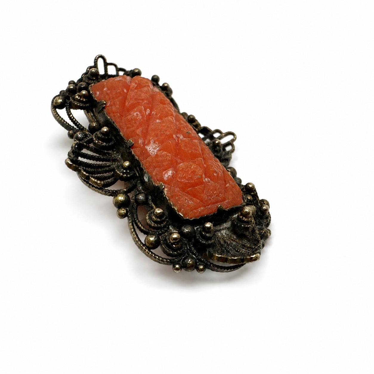 Georgian Coral Brooch 14K Gold Filigree Lace Pin, Hand Carved Natural Coral, Regency Fichu Pin, Antique Coral Jewellery, c.1820