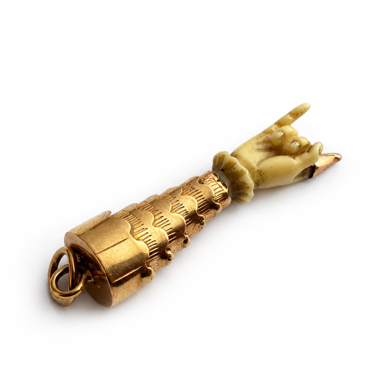 Antique Victorian 18k Gold Mano Cornuto Charm, Bone Horned Hand Figa Amulet, Italian Evil Eye Talisman, Articulated Lucky Pendant