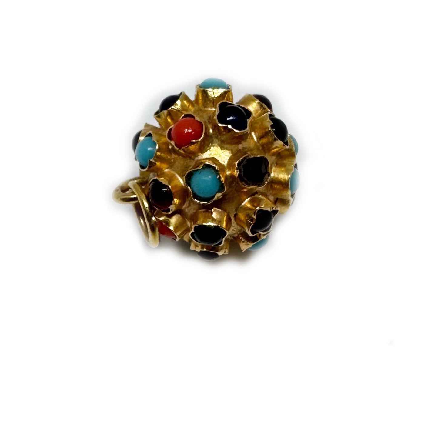 Vintage 19.2k Gold Sputnik Charm Pendant, Portuguese Orb with Coral & Multi-Gemstones, 1970s Solid Portuguese Gold 3D Ball