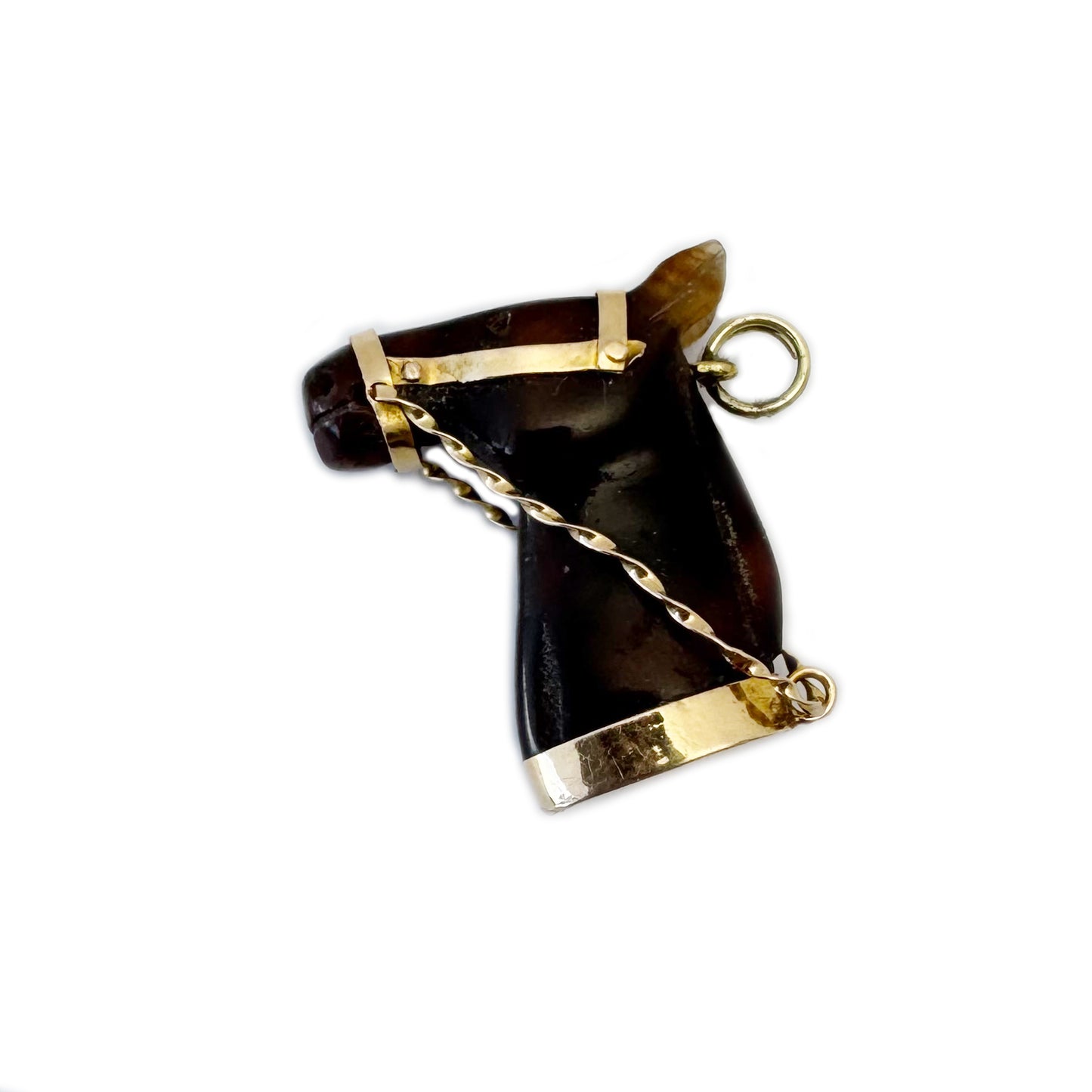 Vintage Horse Head Charm Pendant, Stained Horn & 14k Gold, Equestrian Jewellery, Mid Century Animal Talisman, Antique Style Gold Charm