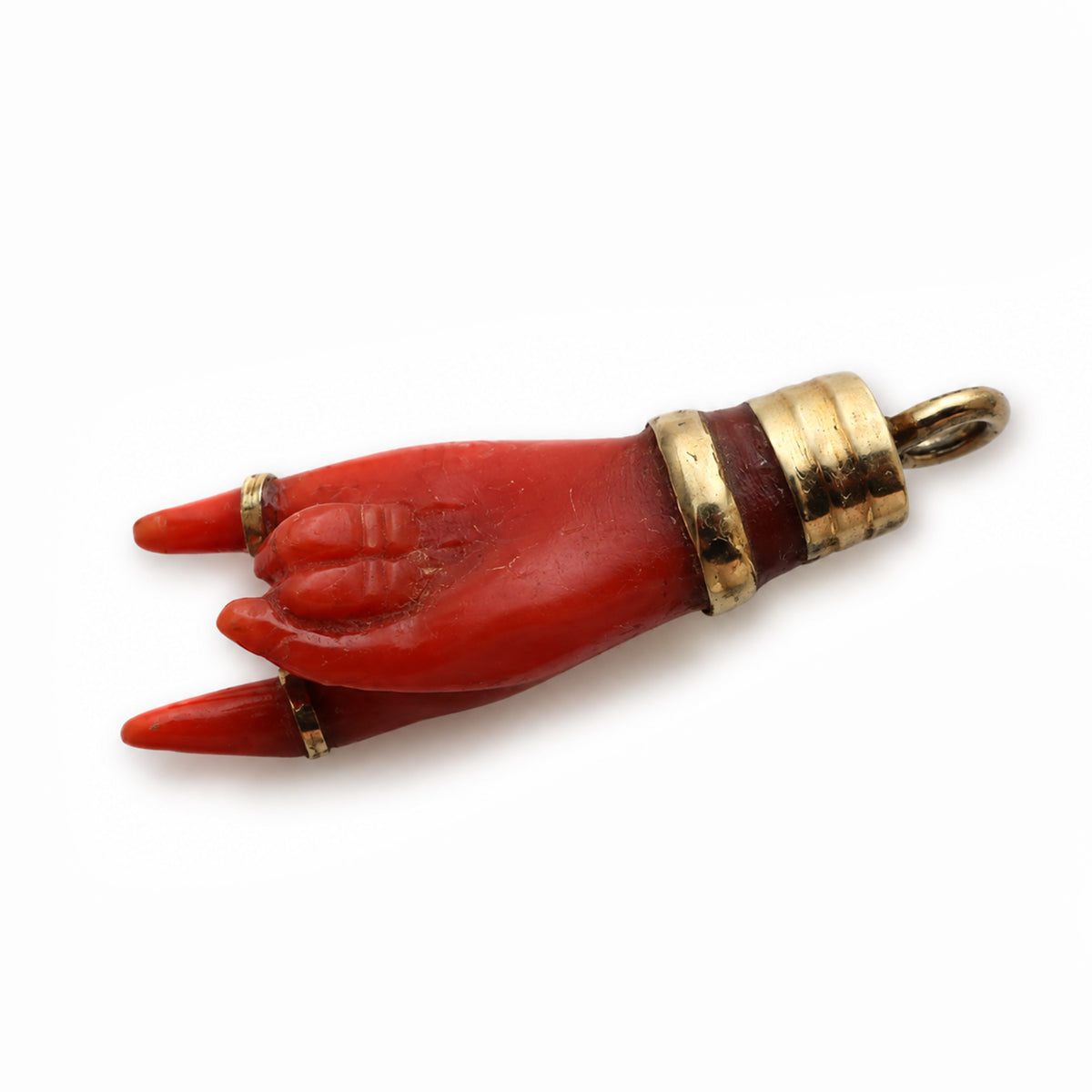 Antique 14k Coral Horned Hand, Natural Mediterranean Coral, Lucky Charm, Victorian, Figa Charm, Sign of Horn, Mano Cornuto, Evil Eye