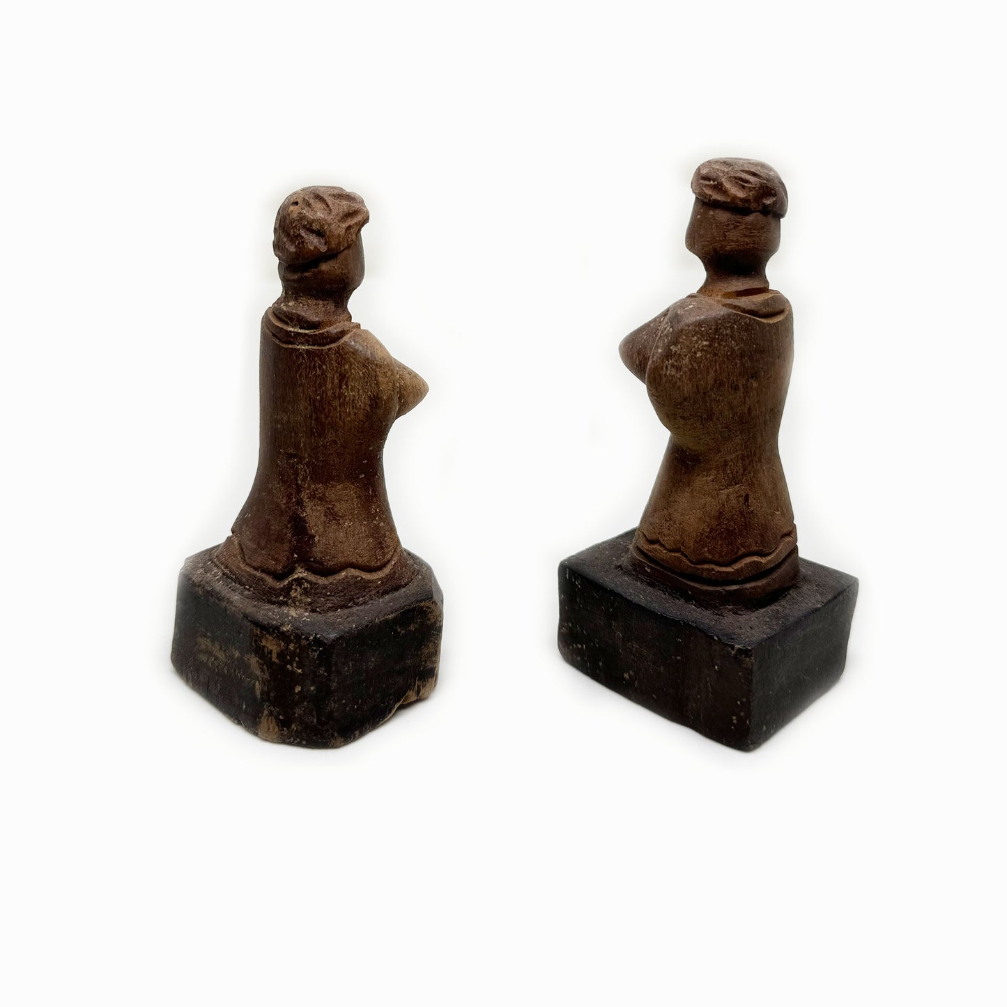 Antique Folk Art Wooden Sculptures, 19th Century Handcrafted Woman Doll Figures, Victorian Wood Carving Pair of Statuette Primitive Wood Art