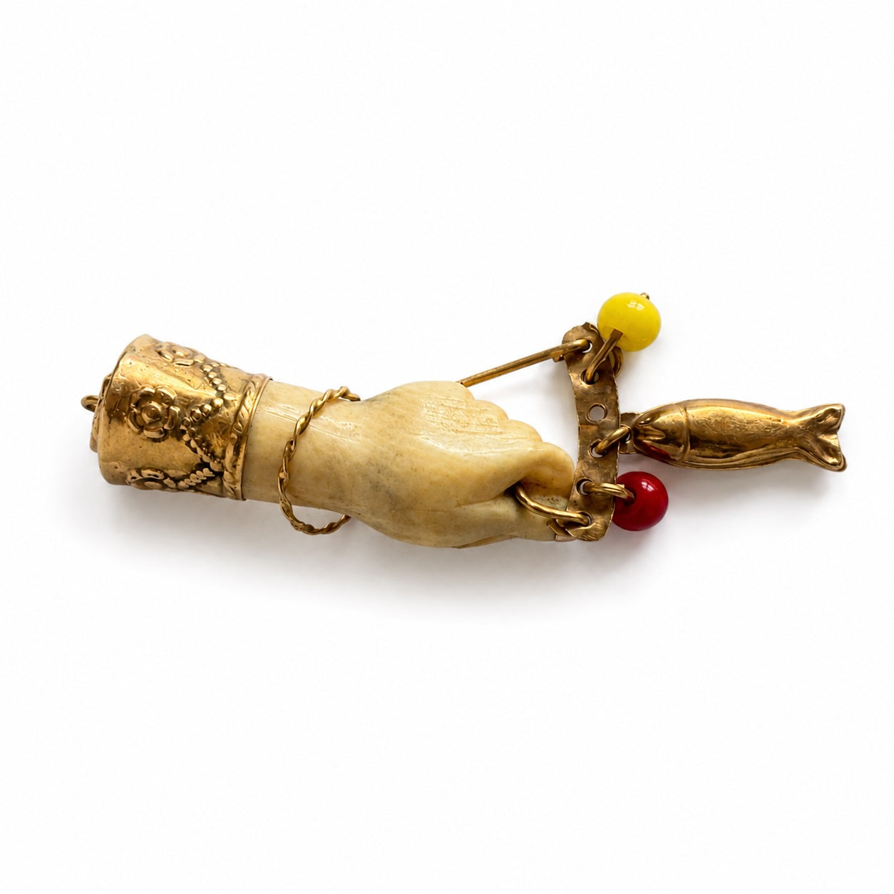 Antique 14k Gold Mano Figa Pendant: Victorian Bone Charm with Fish, Hand Pendant, Lucky Charm