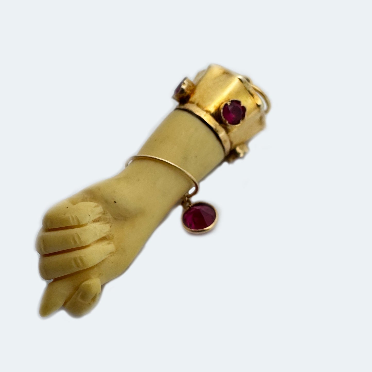 Vintage 18k Gold Figa Hand Pendant, Pink Stones, Large Protective Amulet, 1960s Good Luck Talisman