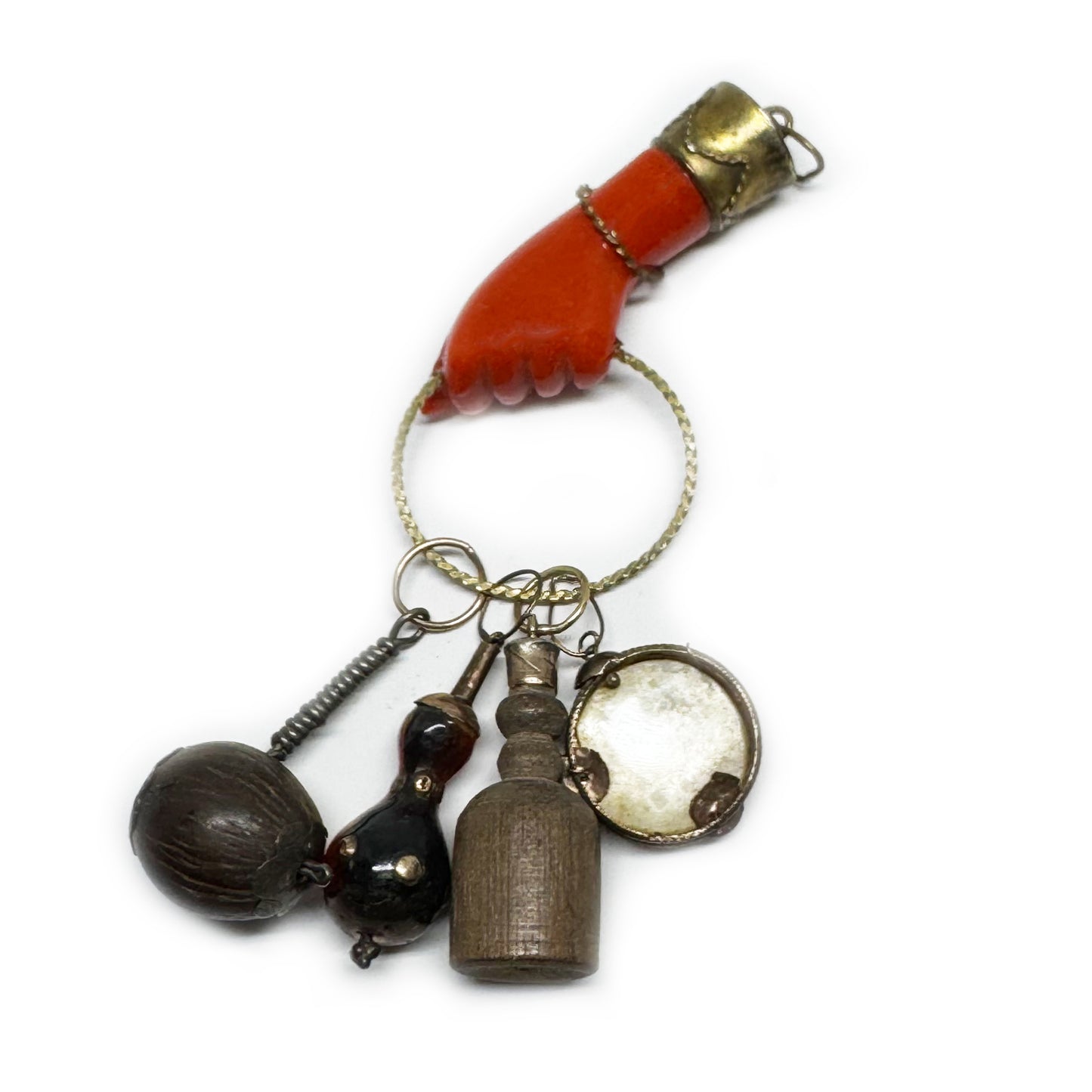 Vintage 1960s Red Figa Charm, Mano Fico Amulet with Mini Charms, Metal Bakelite Fist, Brazilian Lucky Talisman Jewelry