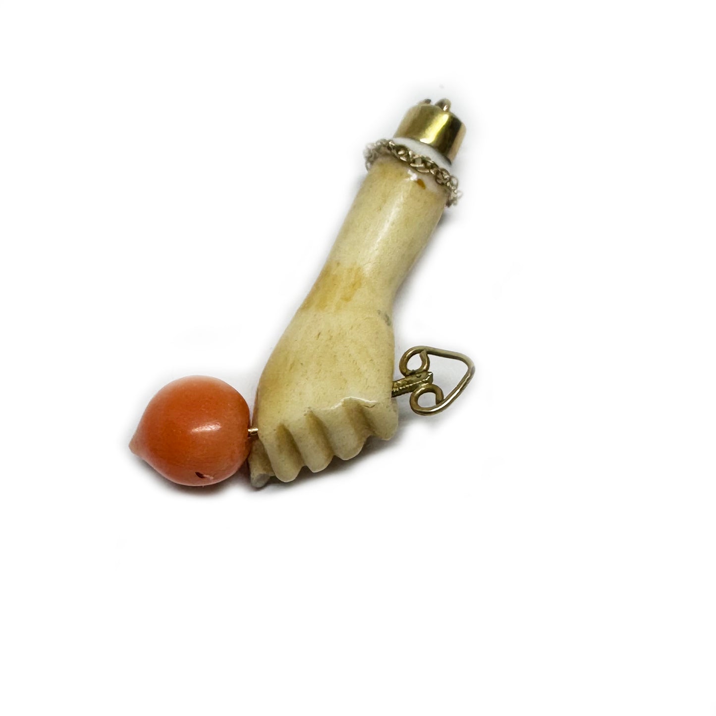 Antique Victorian Bone Figa Pendant with 9k Gold Details and Coral Rose, 19th-Century Italian Mano Fico Amulet