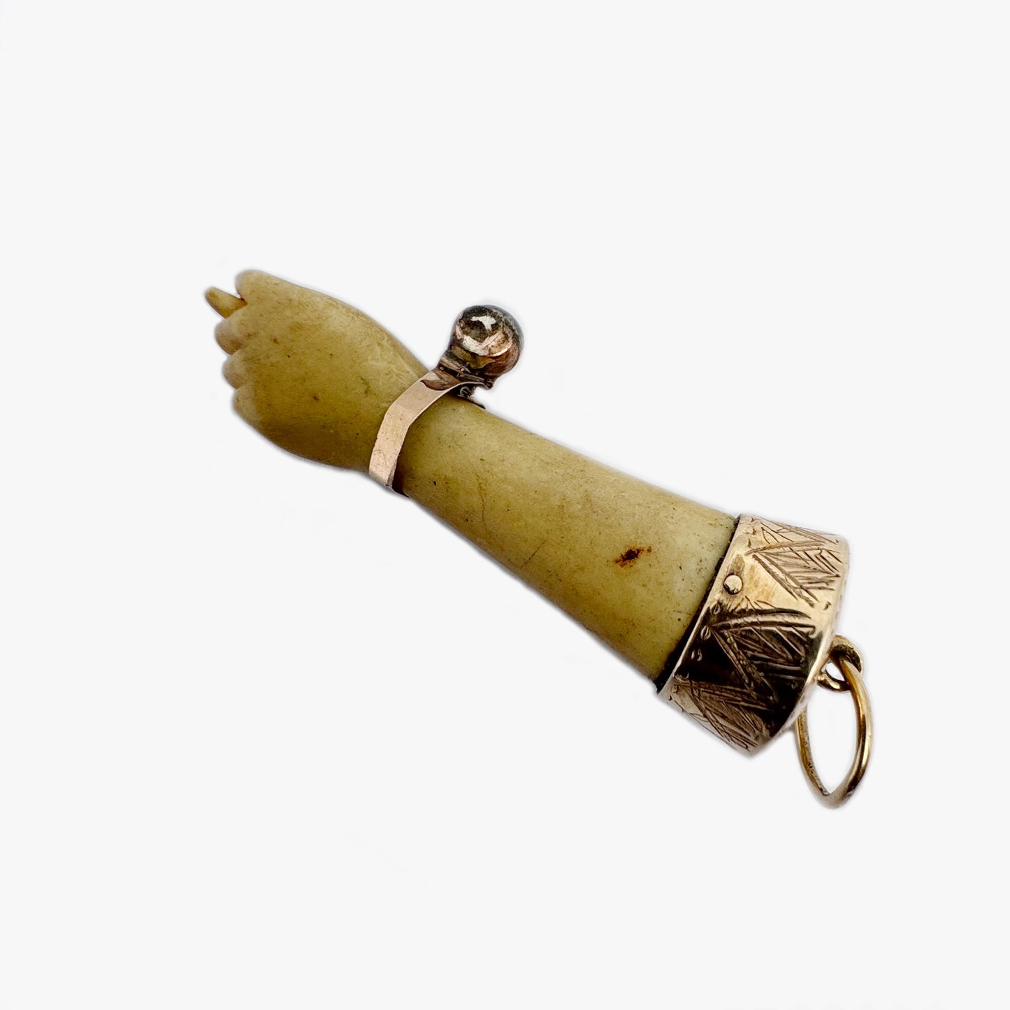 Antique Victorian Bone Figa Hand Pendant, 14k Gold Amulet Charm, Mano Fico Lucky Hand