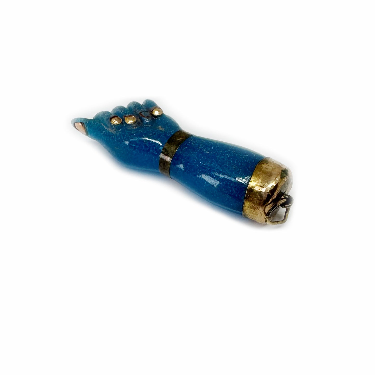 Vintage 1950s 9k Gold Blue Figa Charm, Carved Resine Hand Amulet, Vintage Mano Fico, Lucky Fist Pendant