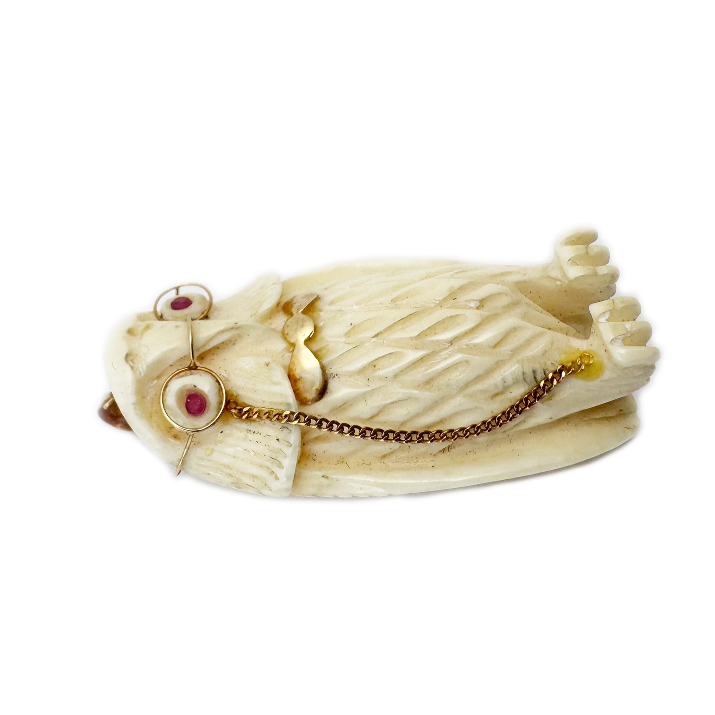 Vintage 14K Gold Owl Pendant With Glasses, Carved Bone Owl Charm, Ruby Eye Owl Necklace Pendant, Mid Century Novelty Jewellery, Wise Charm