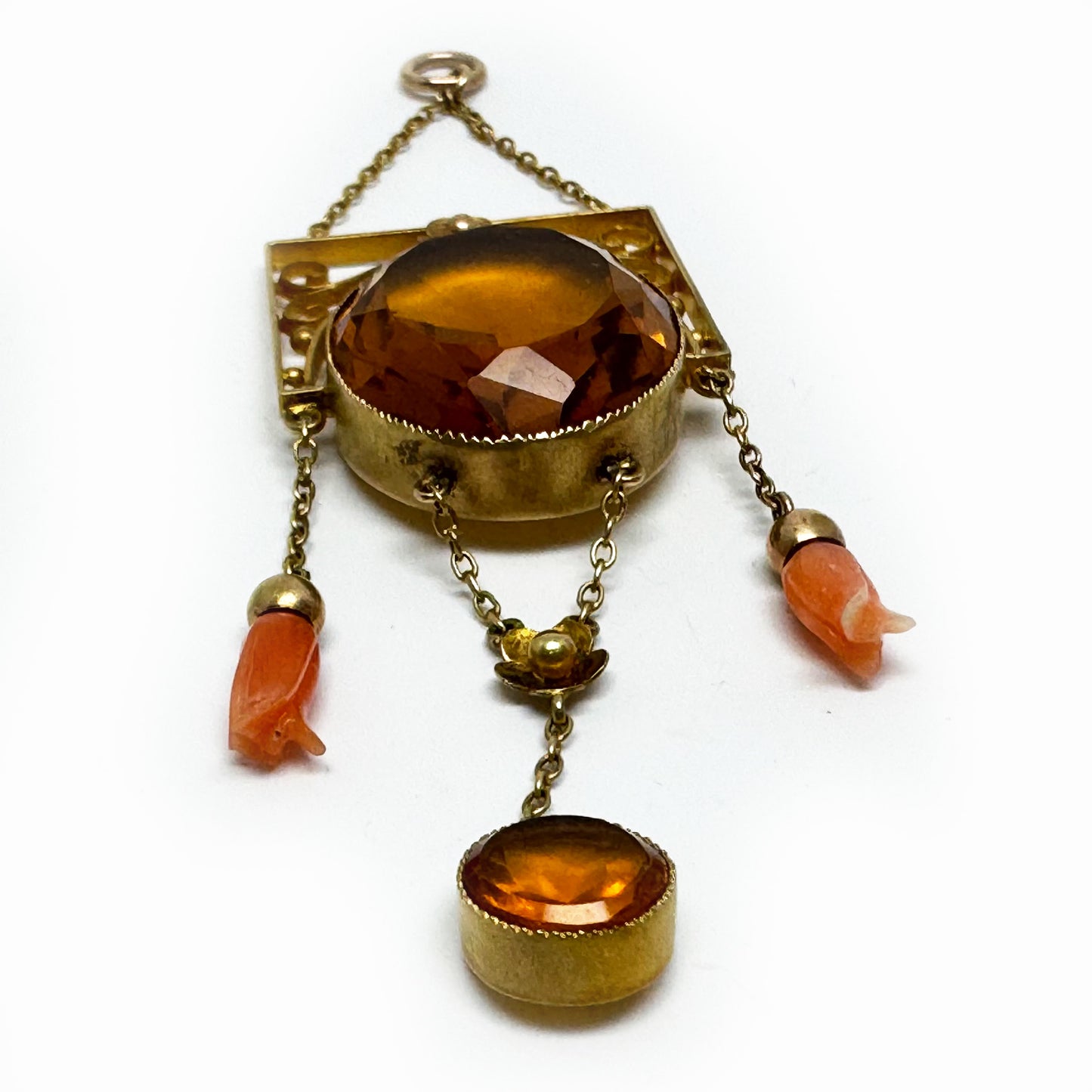 Edwardian 9ct Gold Festoon Pendant, Coral Bud Drops, Citrine Colour Glass Stone