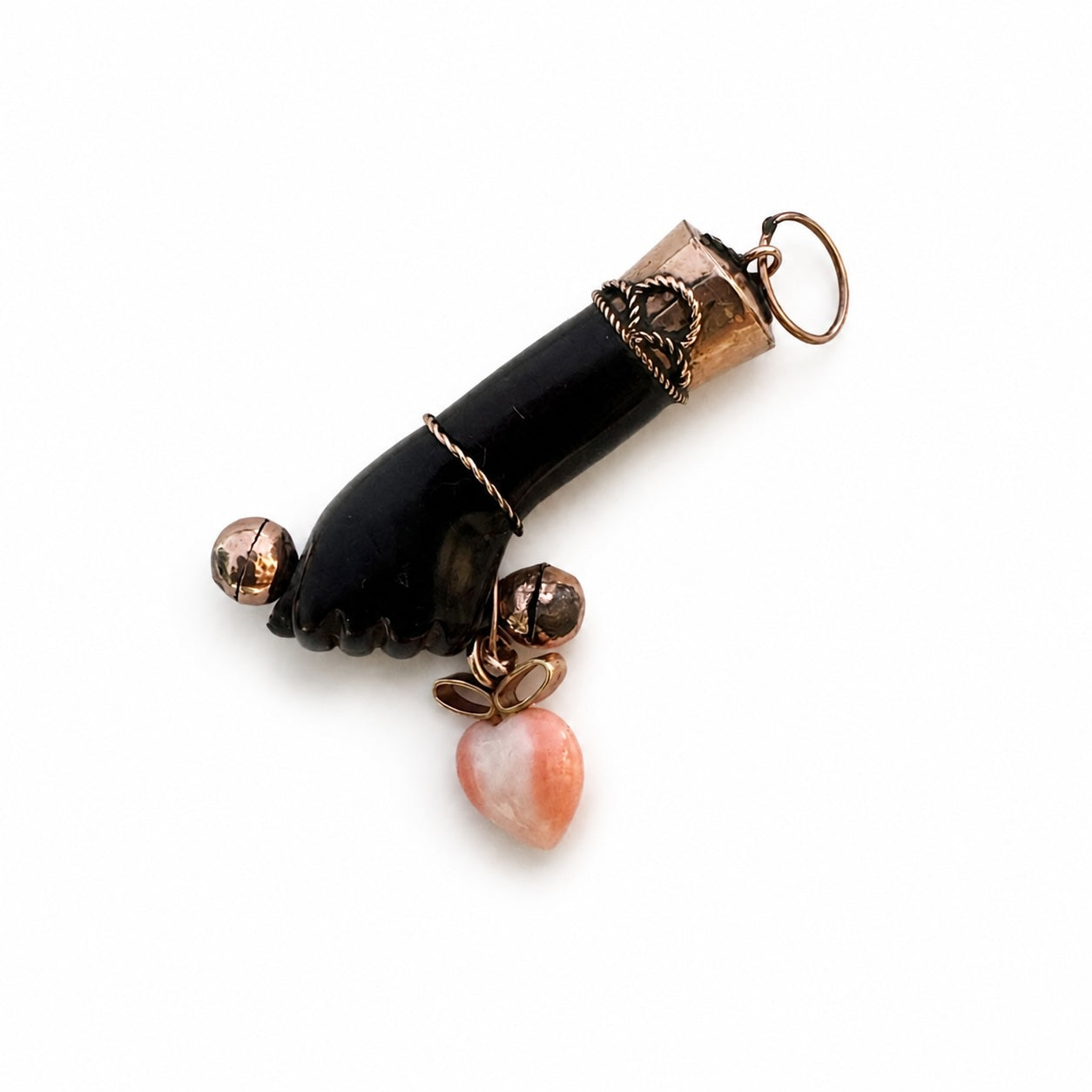 Antique 9k Gold Black Figa Pendant, Coral Heart Charm, Lucky Hand Amulet, Mano Fico, Italian Good Luck Talisman, 1920s Charm