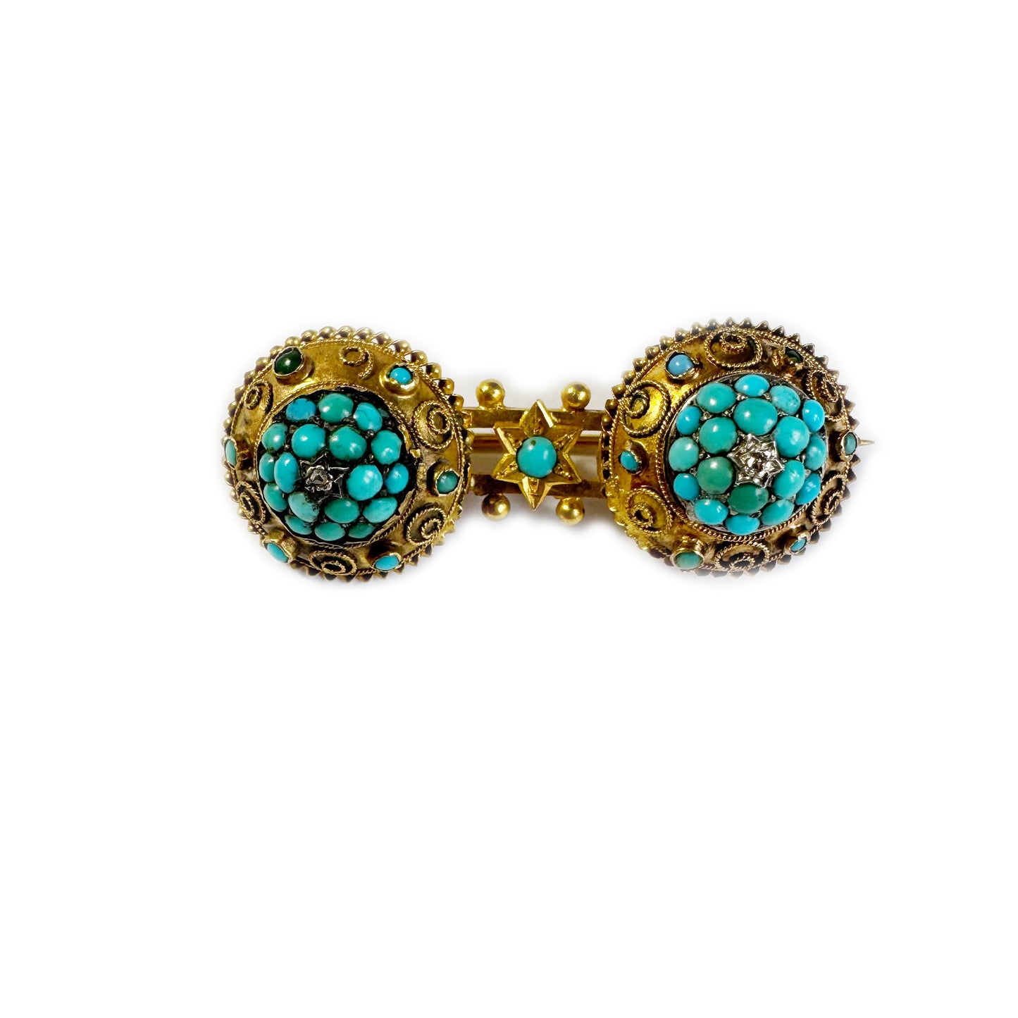 Antique Victorian 15k Gold Brooch, Etruscan Revival Turquoise Diamond Pin, 15ct Double Brooch, 1800s Ancient Italian Style Classical Jewelry