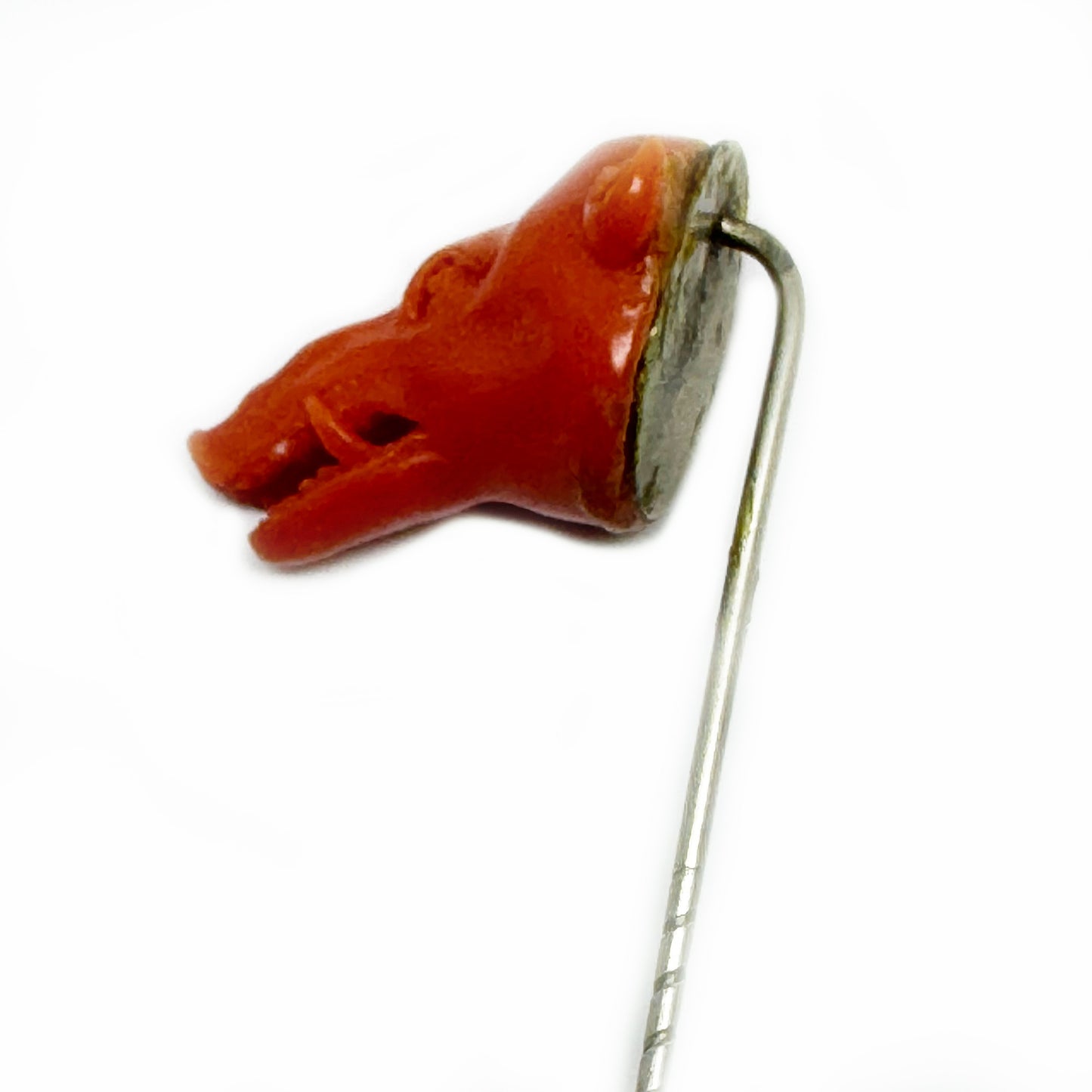 Antique Carved Coral Wild Boar Stick Pin, Victorian Animal Head Tie Pin, Mediterranean Figural Coral Jewelry