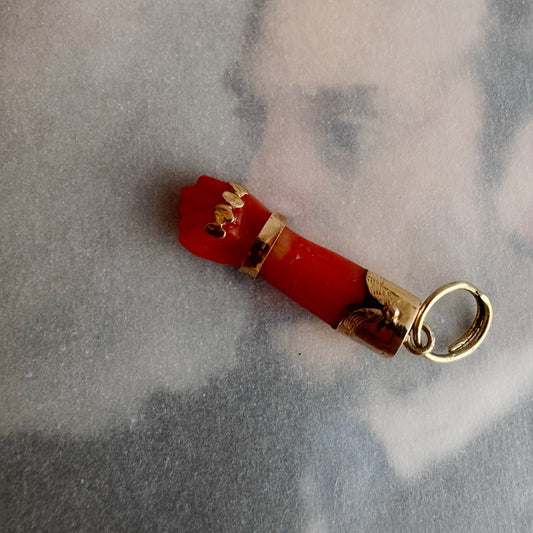 Antique Coral Figa Pendant, 9k Gold Mano Fico Charm, Natural Coral Hand Amulet, Edwardian Lucky Fist Pendant, Protective Talisman