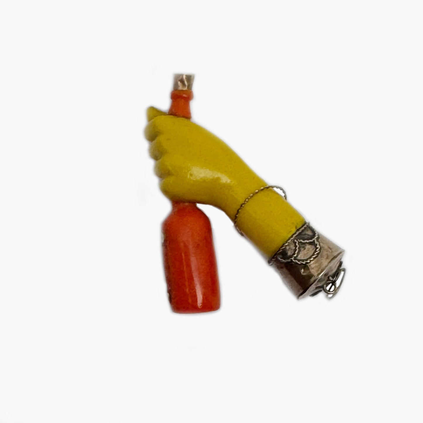 Vintage Mid-Century Resin Mano Fico Amulet with Bottle Charm, Rose-Gold Plated Setting, Folk Art Talisman, Curious Ex-Voto Style Pendant