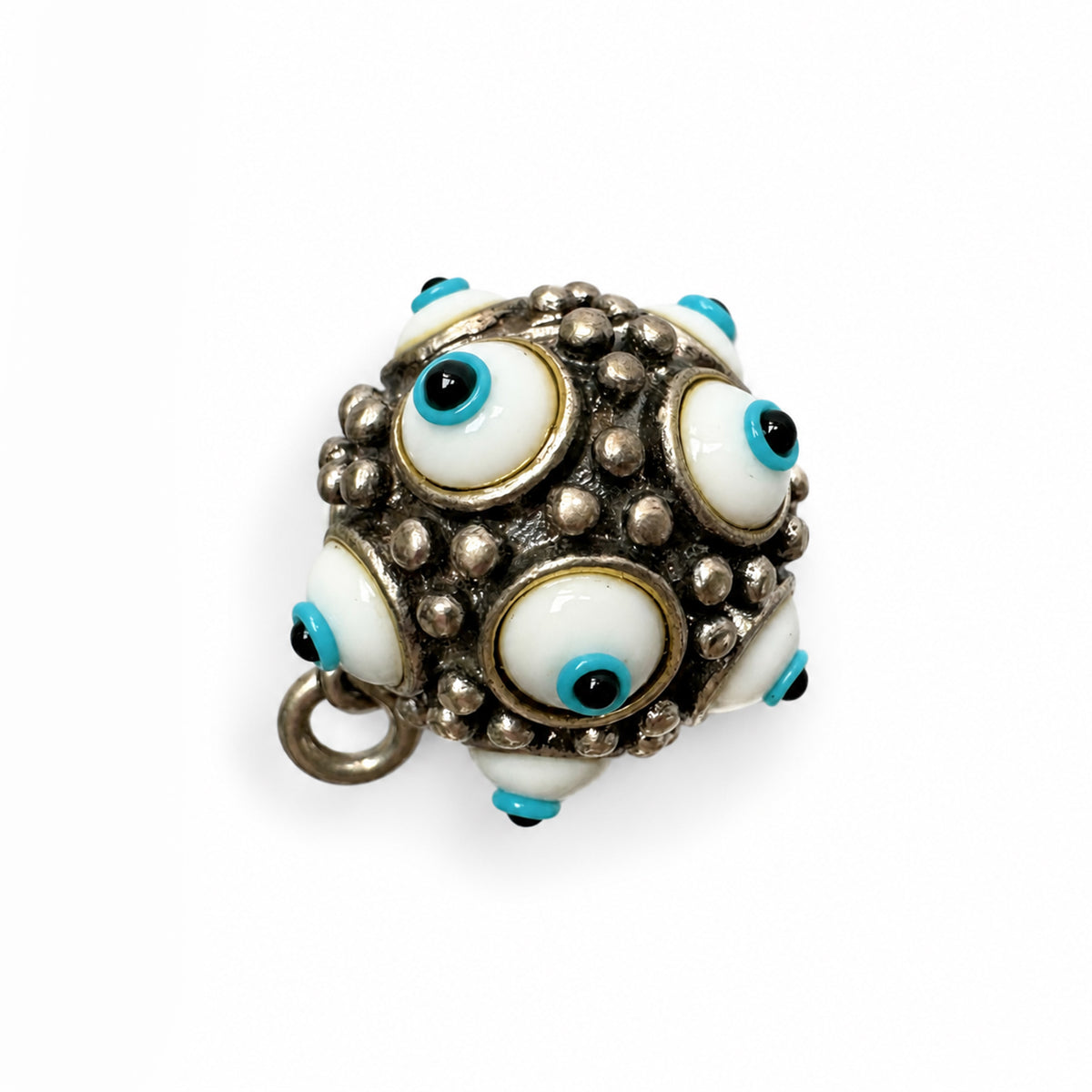 Vintage 925 Sterling Silver Multi Evil Eye Pendant, 12 Glass Nazar Eyes, Hollow Orb Protection Amulet, Unisex Jewelry