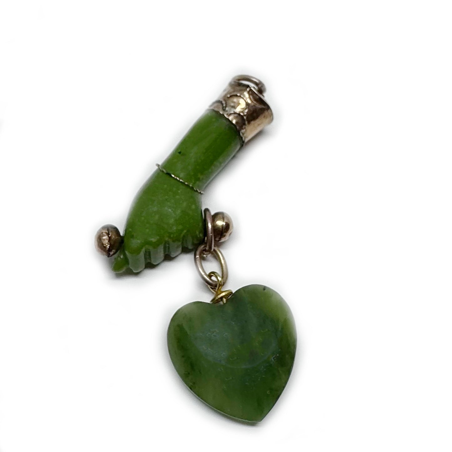 Vintage Green Figa Hand Pendant, Quartz Heart Charm, Resin Fist Amulet, Gold-Tone Mount, Lucky Protection Charm