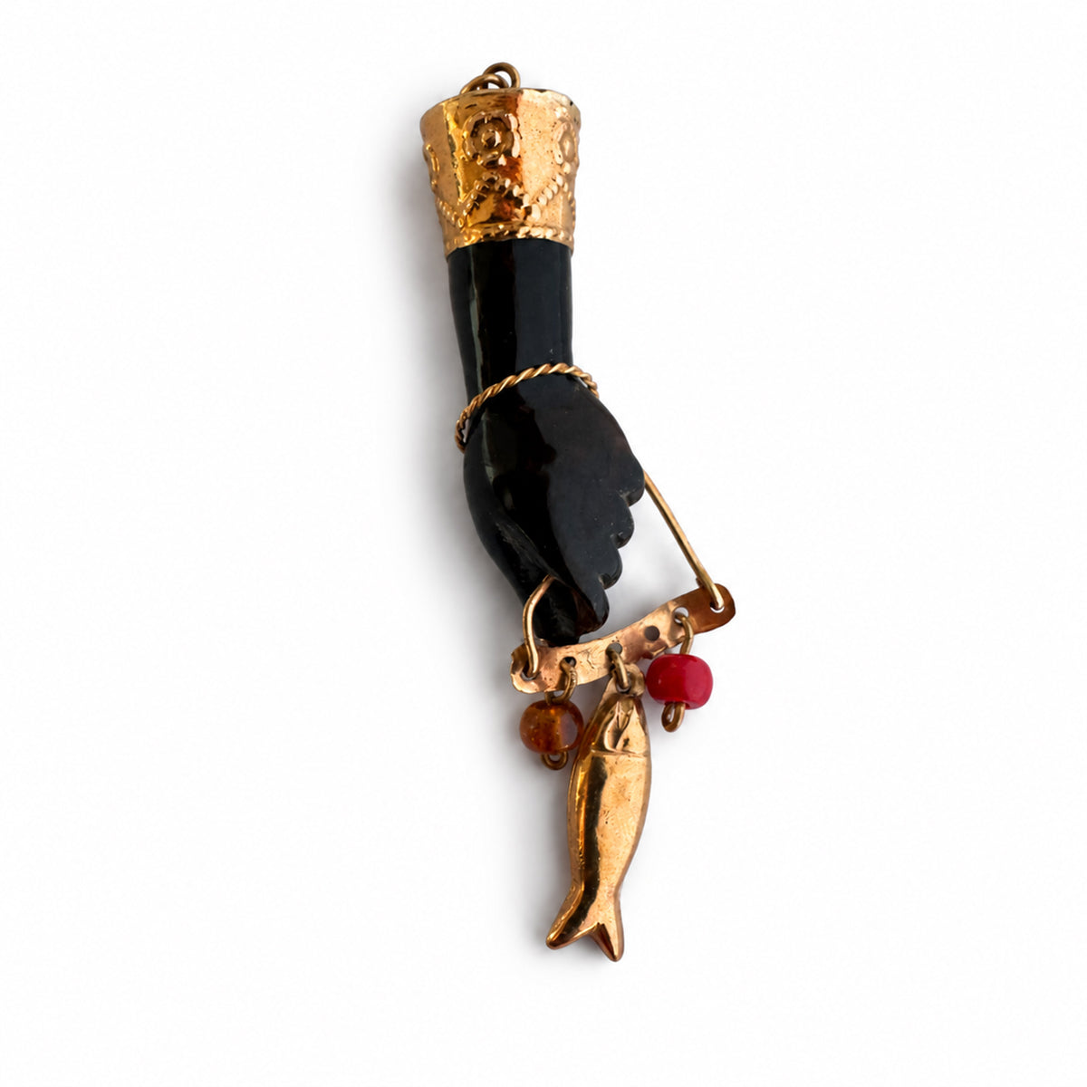 Antique 18K Gold & Stained Horn Figa Pendant, Mano Fico Lucky Charm, Fig Hand Amulet with Fish Charm, Italian Talisman, Victorian Pendant