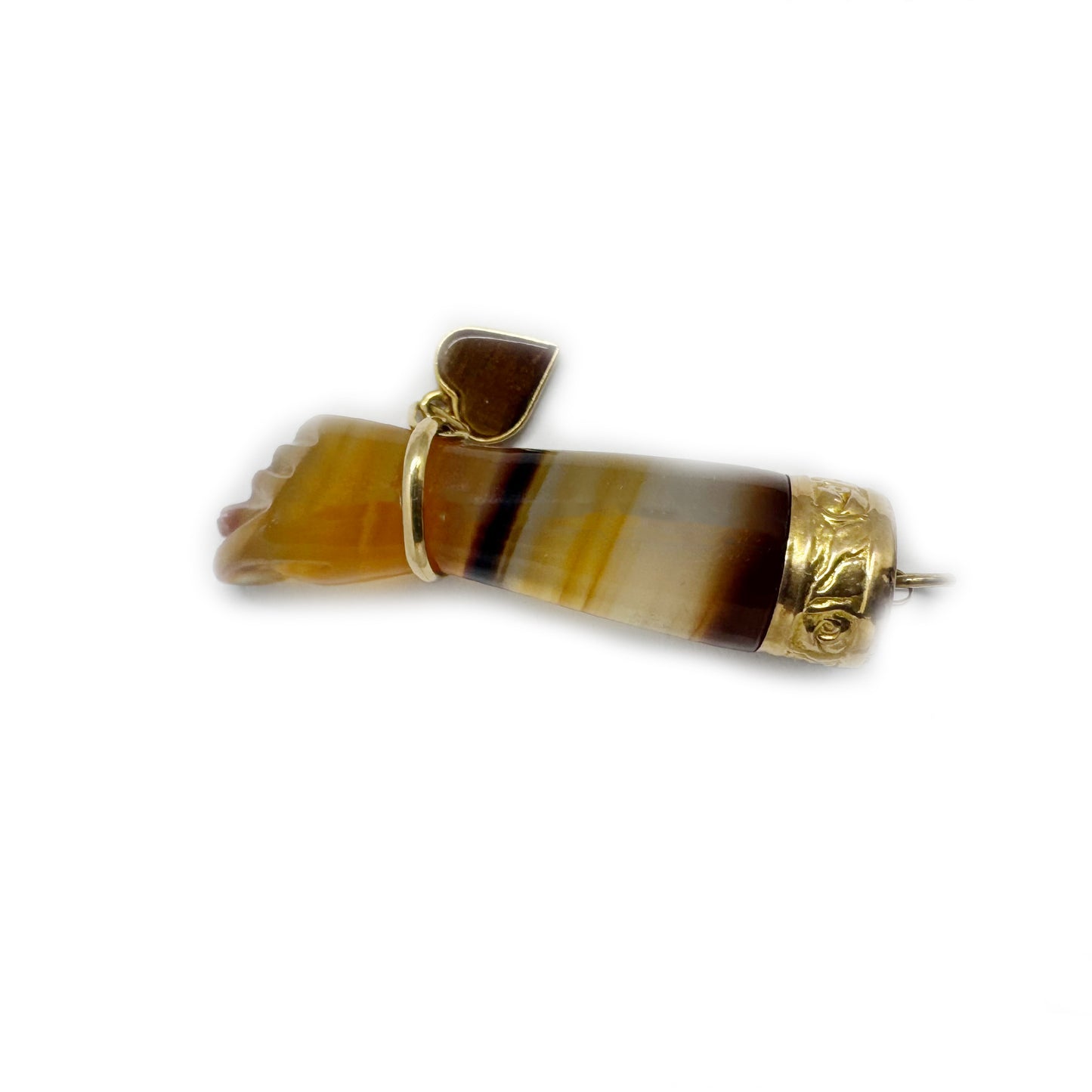 Vintage 10k Gold Agate Figa Pendant, Tiger Eye Heart, Mano Fico Charm, Antique Protection Amulet