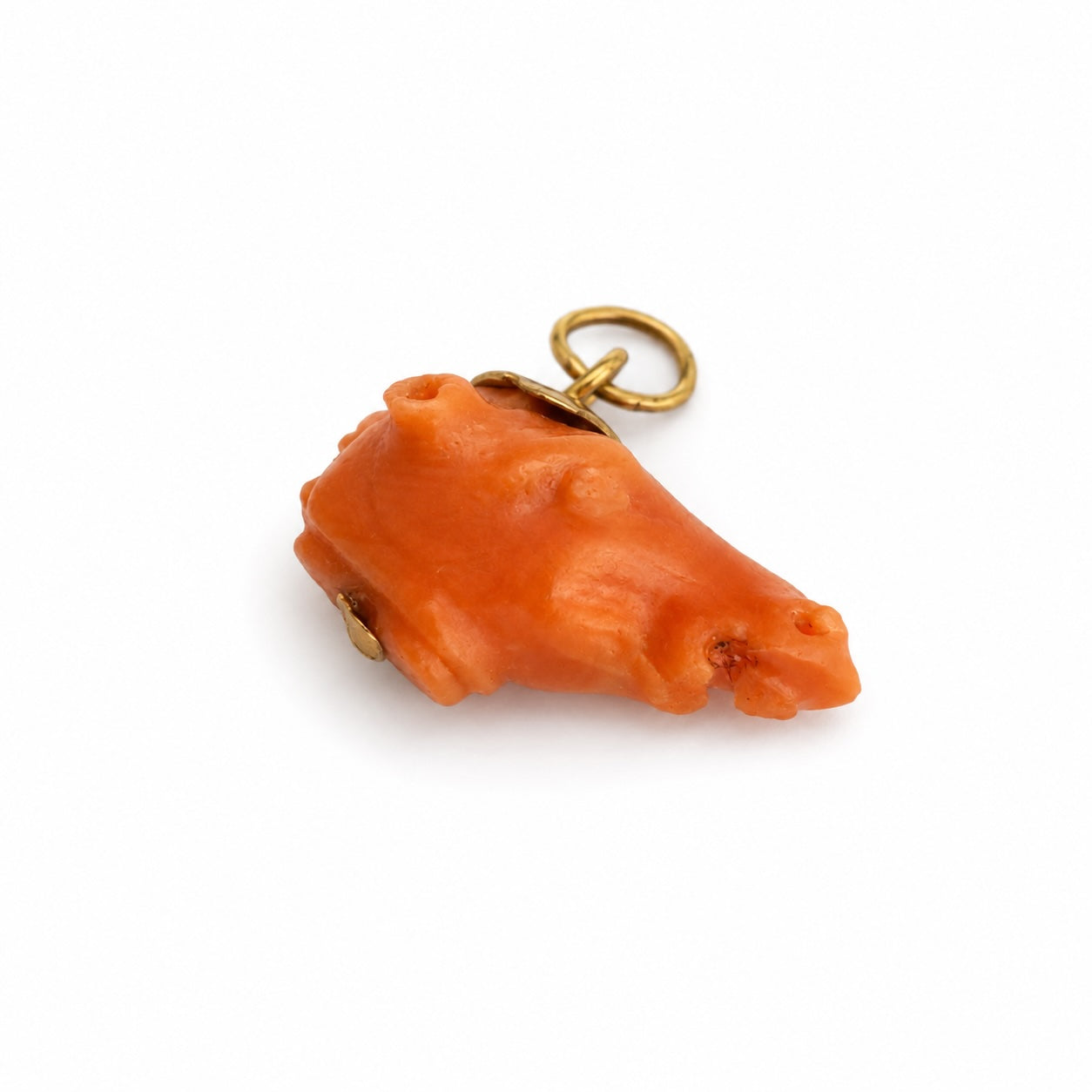 Antique 14k Coral Pig Head Lucky Charm, Victorian Wild Boar Miniature Face, Natural Mediterranean Coral, Animal Pendant, 14 ct Gold