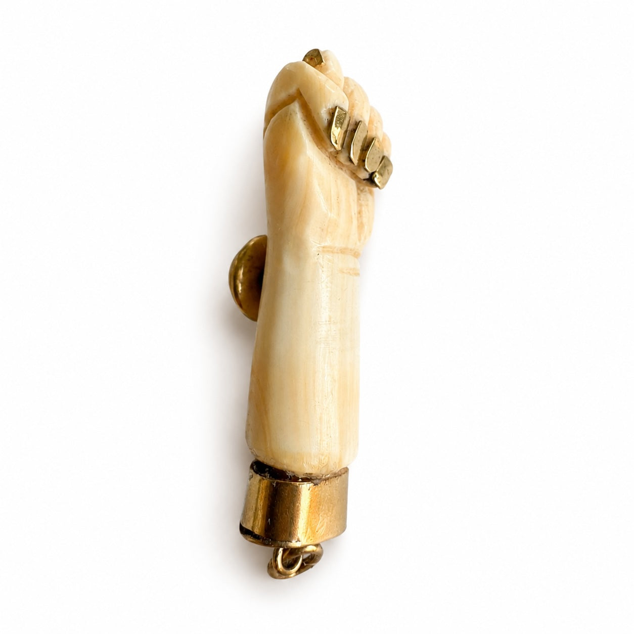 Antique 9K Gold Bone Figa Pendant, Mano Fico Hand Amulet, Lucky Charm, Green Cabochon, Evil Eye Talisman, Italian Fist Pendant