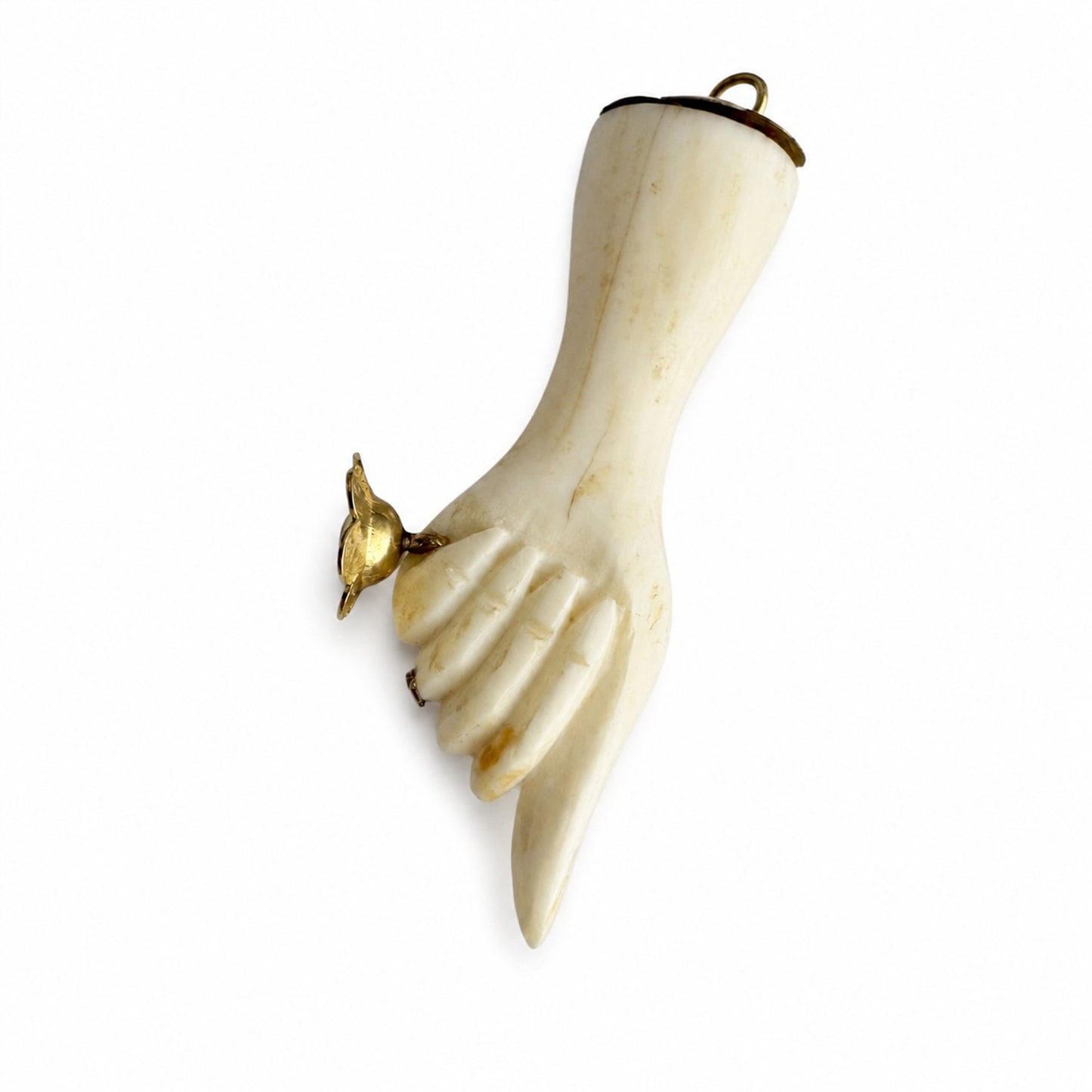 Vintage 9K Gold Bone Hand Pendant, Carved Pointing Hand Charm, Victorian Style Hand Amulet, Gold Flower Charm, Statement Pendant