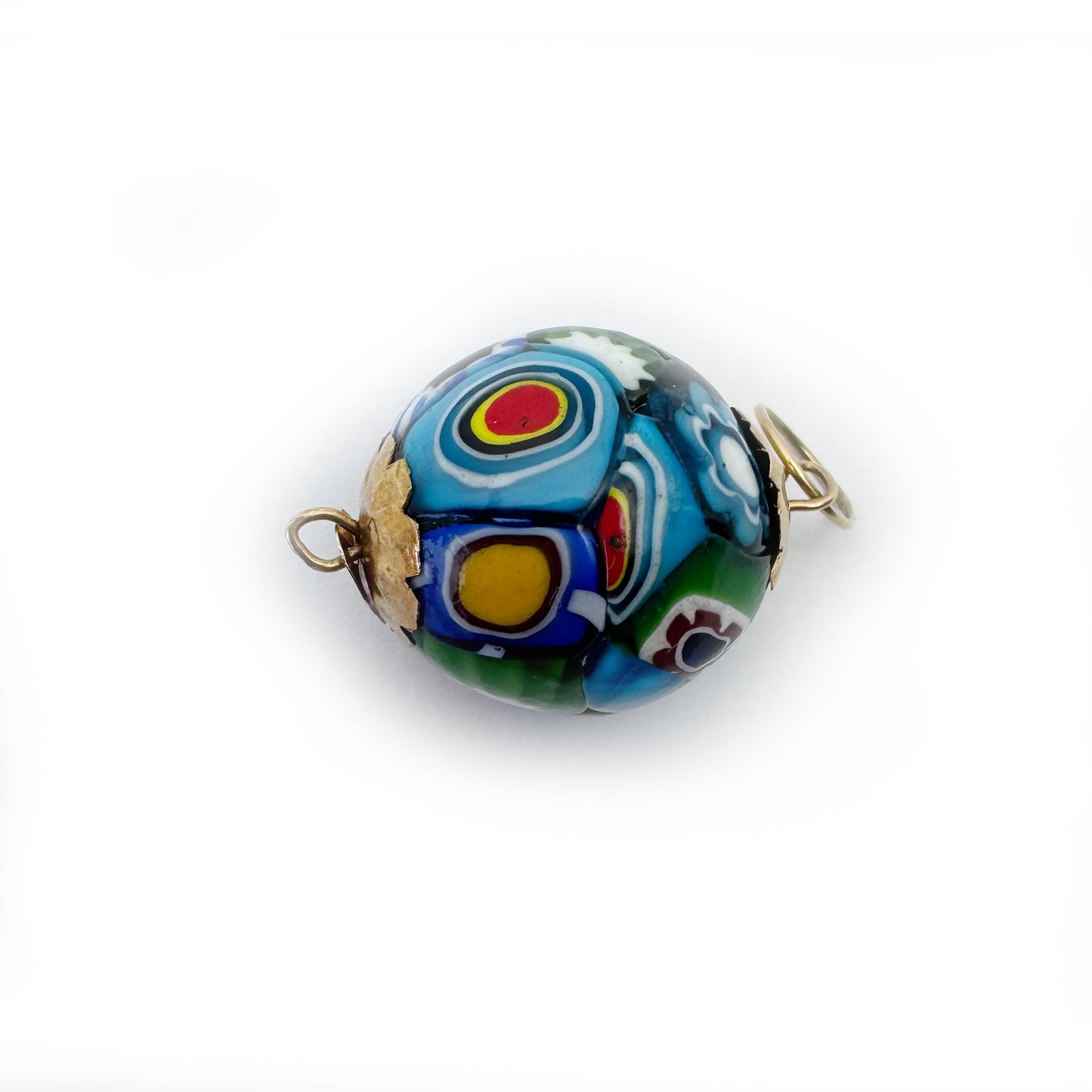 Antique 18k Gold Millefiori Glass Ball Charm Pendant , 18 ct Gold Caps, Italian Mosaic Glass