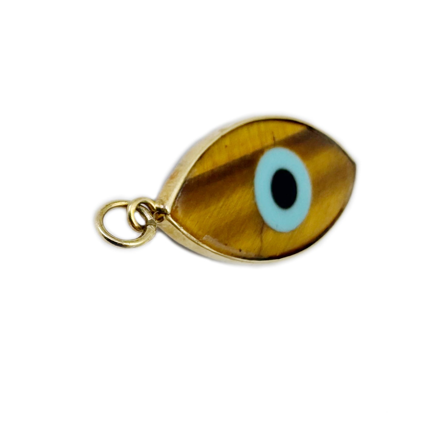 Vintage 18K Gold Tiger's Eye Evil Eye Charm Pendant, Lucky Protection Talisman, Blue Eye Amulet, Italian Gold Nazar Pendant, Tiger Eye